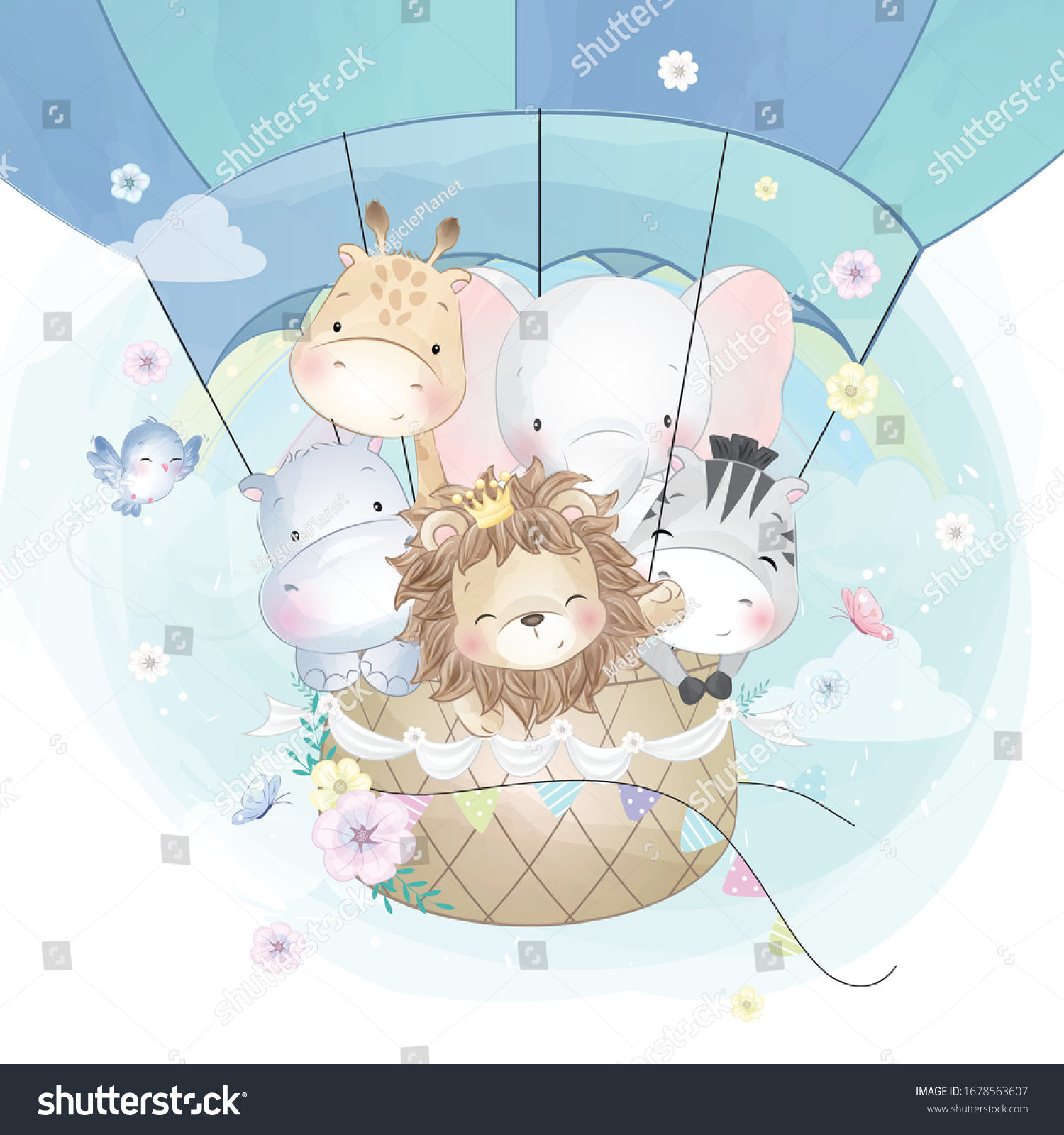 Cute animals flying with air balloon