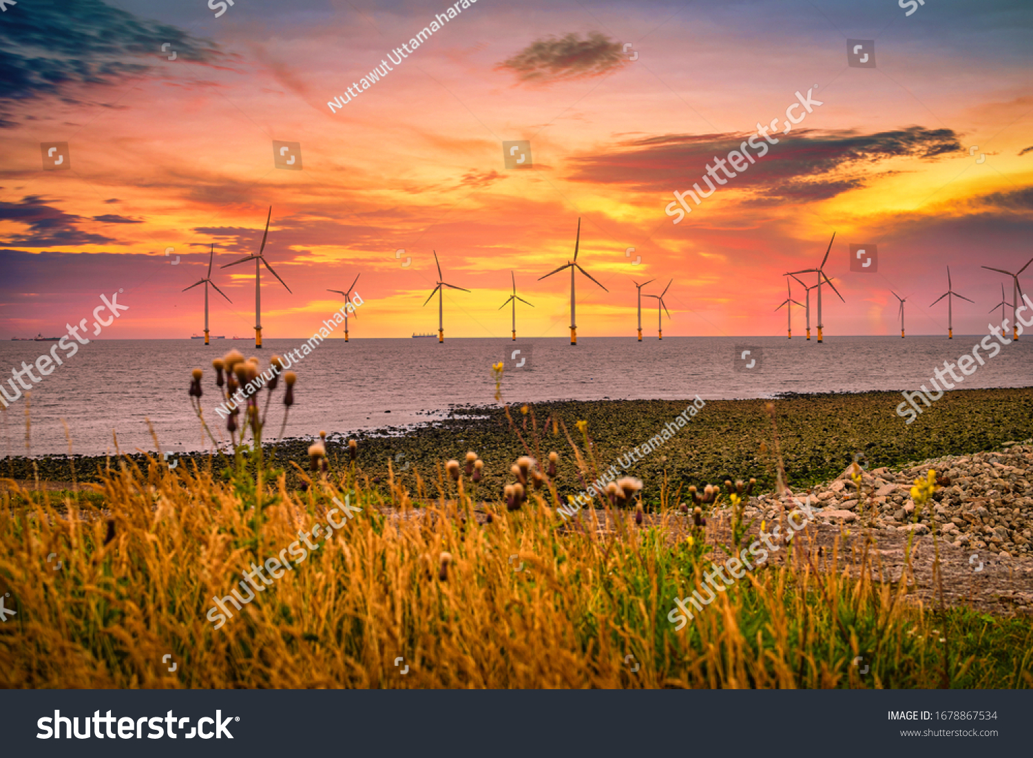 Offshore Wind Turbine in a Wind farm under construction off the England coast at sunset