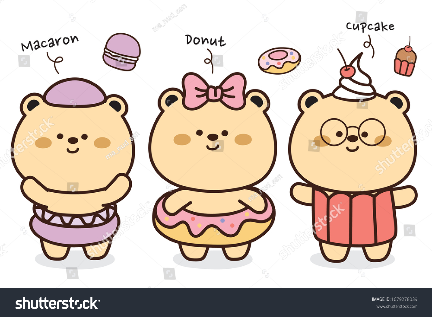 Little bears in bakery dress set. Cute bear cartoon character design collection. Donut macaron and cupcake background. Baby teddy bear Hand drawn. Vector. Illustration.