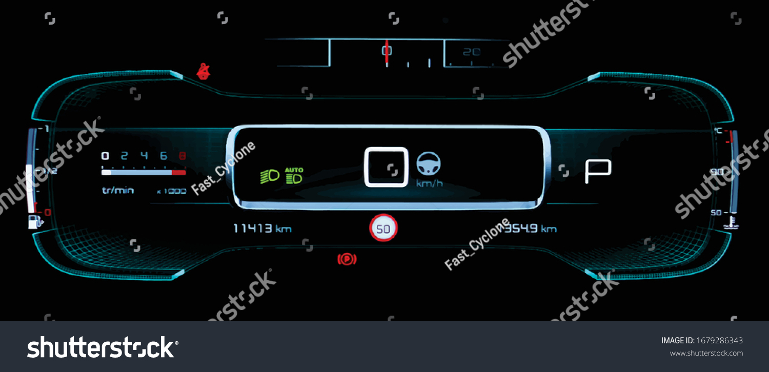 Illustration of illuminated car dashboard panel with speedometer  tachometer  odometer  fuel gauge  car temperature gauge and brake system icon. Full digital LCD instrument cluster in modern vehicle.