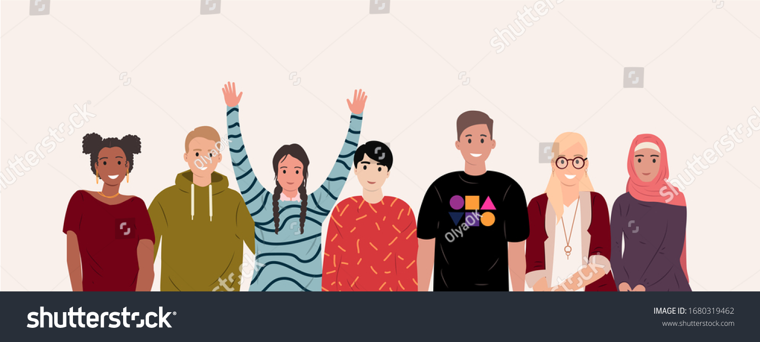 Multinational group of happy people. African  asian  european students. People of different nationalities and religions cartoon style. Cultural diversity. Friendship concept. Flat vector illustration
