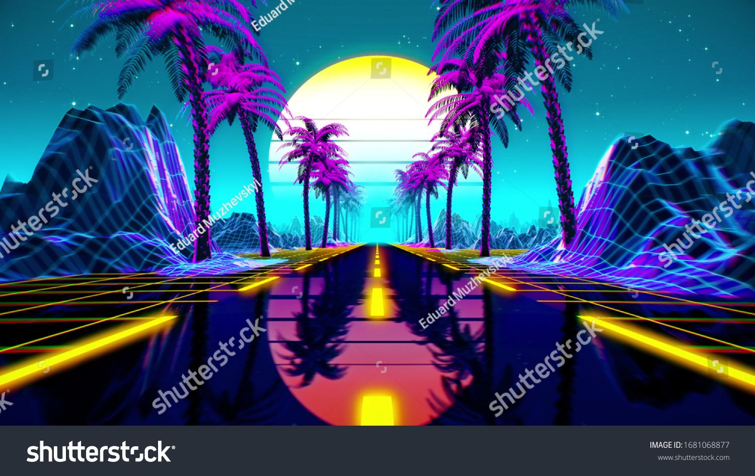 80s retro futuristic sci-fi background. Retrowave VJ videogame landscape with neon lights and low poly terrain grid. Stylized vintage cyberpunk vaporwave 3D render with mountains sun and stars. 4K