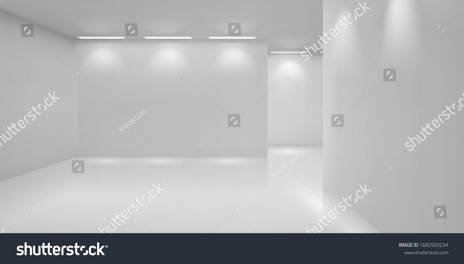 Art gallery empty 3d room with white walls  floor and illumination lamps. Museum interior passages with lights for pictures presentation  photography contest exhibition hall  Realistic vector mock up