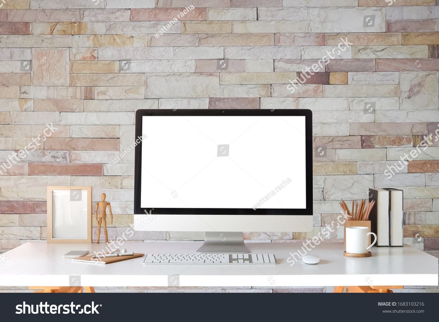 Workspace desk and laptop. copy space and blank screen. Business image  Blank screen laptop and supplies.