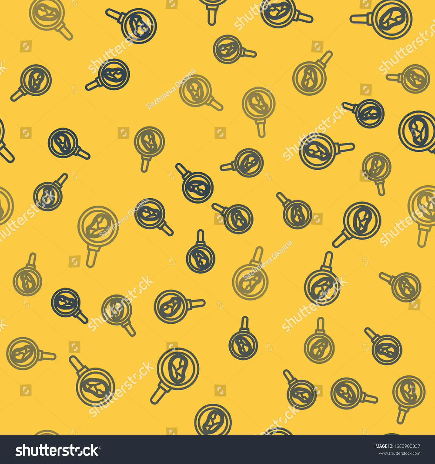 Blue line Steak meat in frying pan icon isolated seamless pattern on yellow background.  Vector Illustration