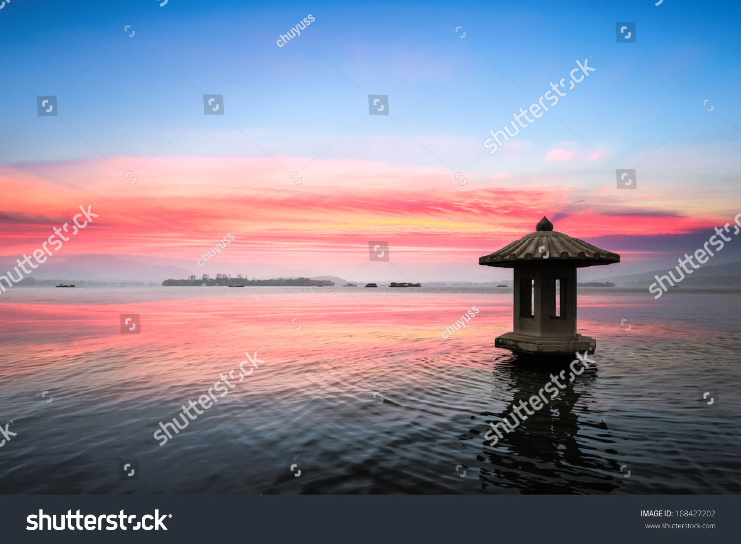 sunset glow in the beautiful hangzhou west lake China