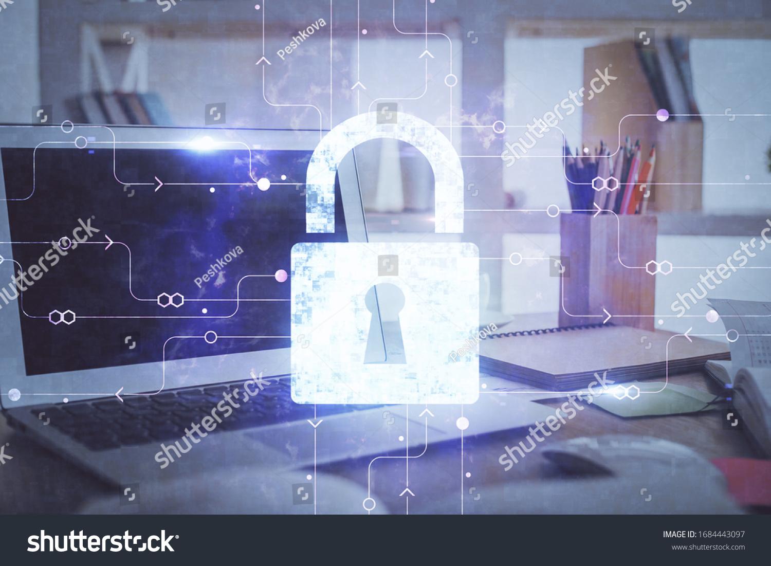 Double exposure of desktop with computer and lock icon hologram. Concept of data safety.