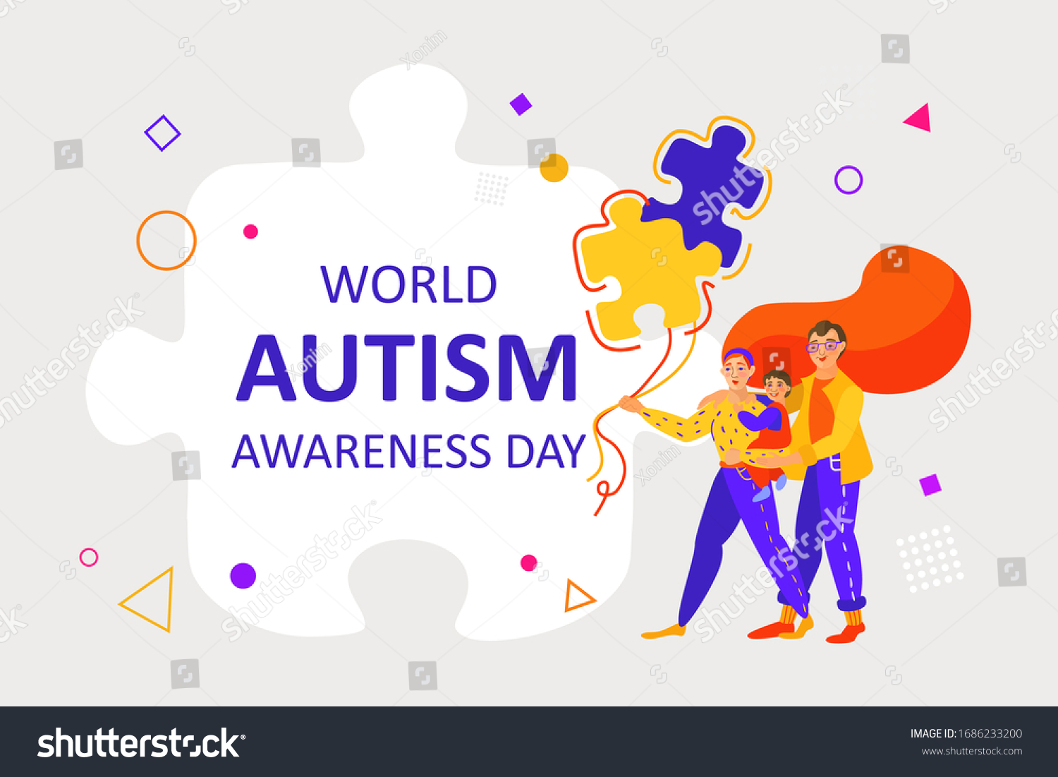 A family with an autistic child holds balloons. World Autism Awareness Day. The puzzle is a worldwide symbol of autism. Autism Awareness concept for design of banners  flyers  posters  promotions.