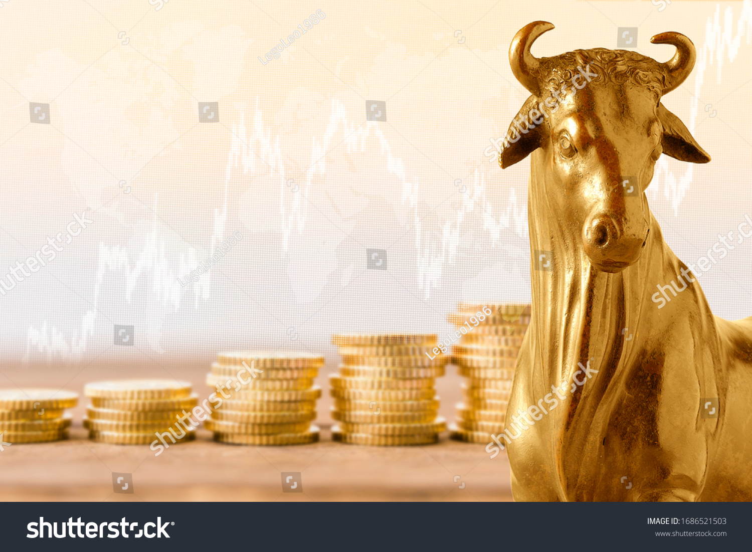 The concept of Bull market on stock market investment good situation. Financial investment in bull market. How to trade in risk valuation situation. Gold Bull with Stock market background