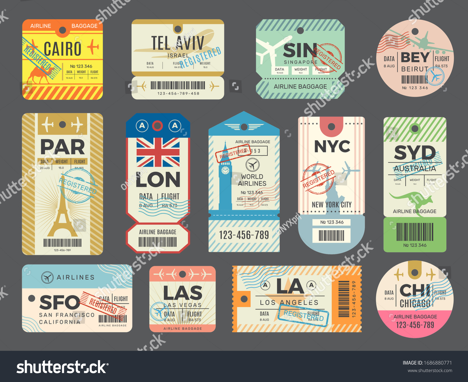 Baggage retro tags. Traveling old tickets flight labels stamps for luggage vector set