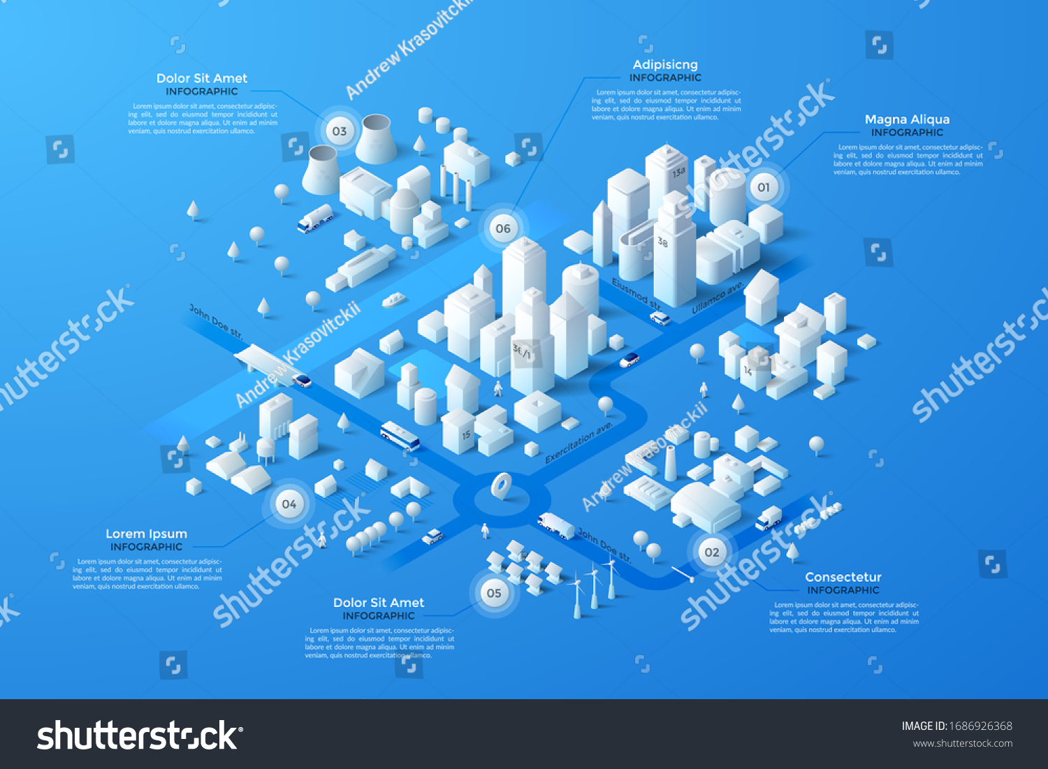 Isometric city map with business living and industrial districts urban