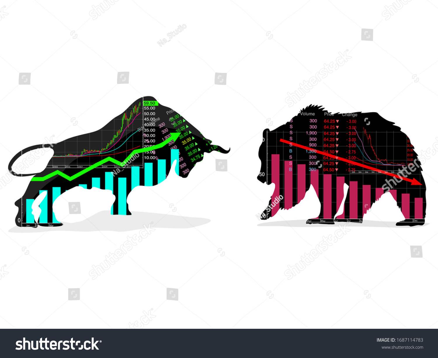 Bull and bear shapes With stock market trend symbols on vector white background