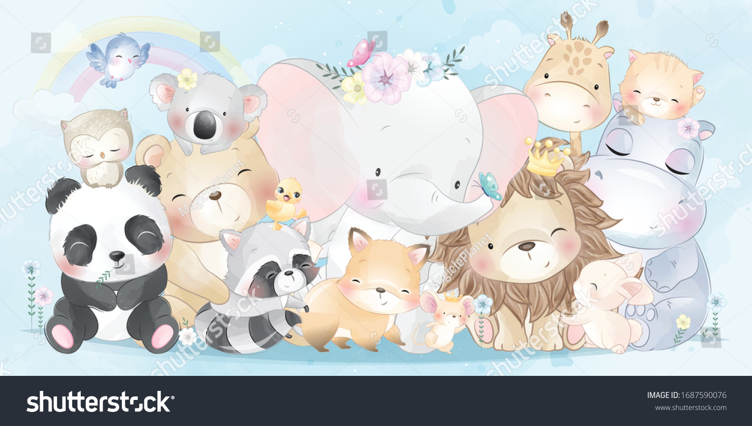 Cute animals with watercolor effect