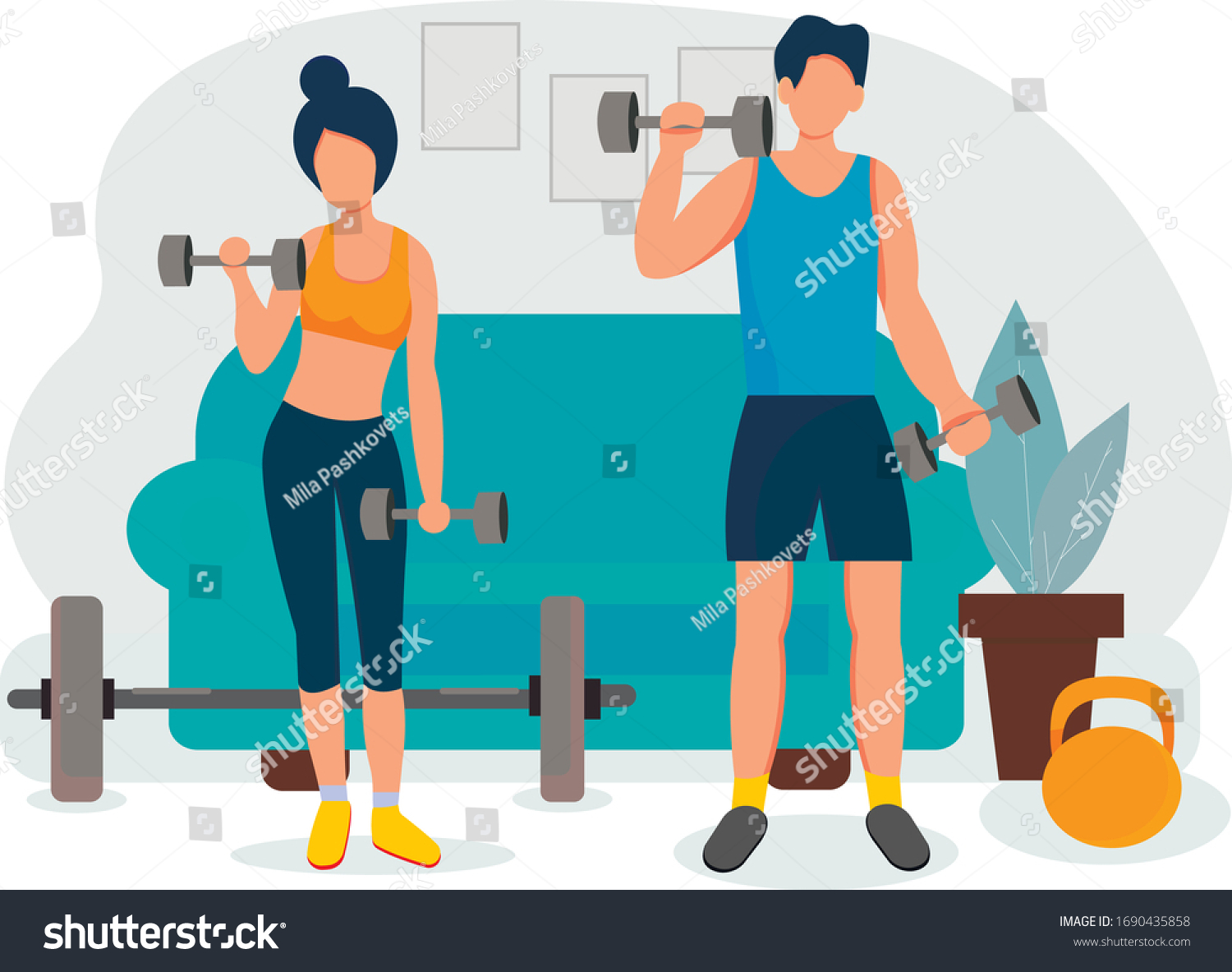 Sports at home. Happy family sporting events. A guy and a girl do a workout at home with dumbbells. Fitness training exercises  healthy lifestyle. Vector illustration in flat style.
