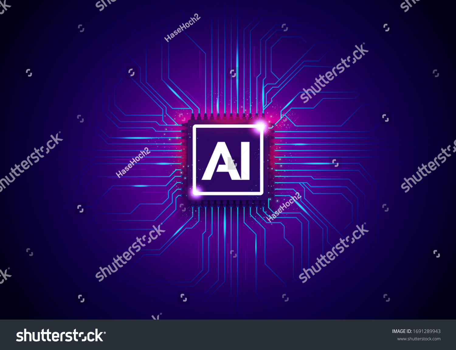 Vector Illustration Artificial Intelligence Technology Background With Cyber Chip And Letters AI.
