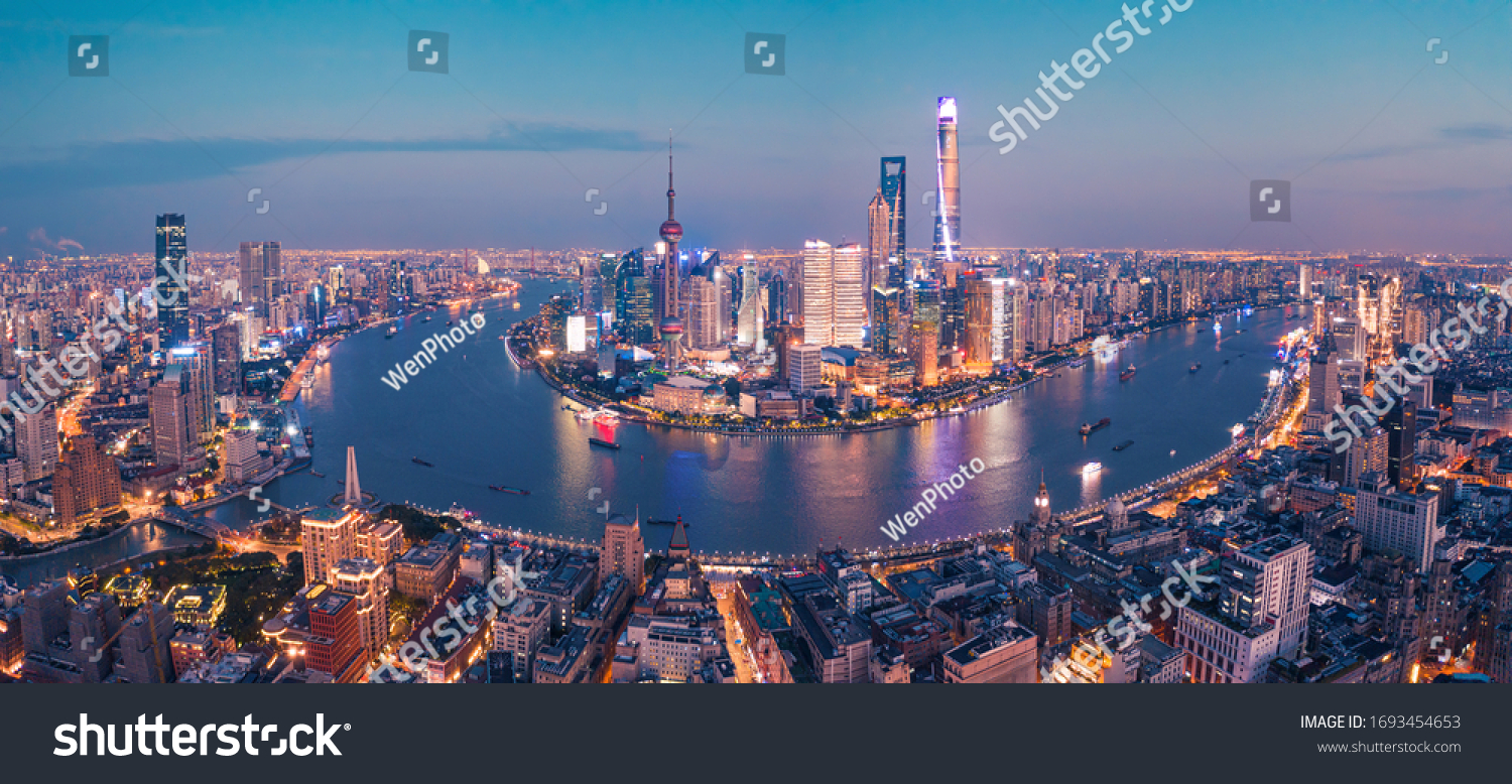 Aerial photo of night view of Shanghai  China