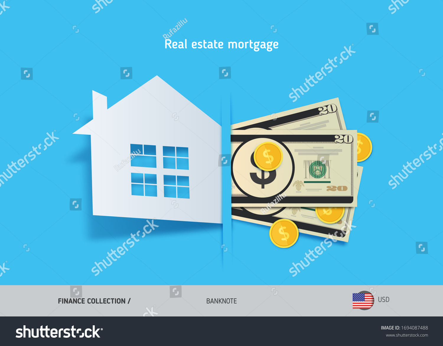 Real estate mortgage concept. 20 US Dollar banknotes and gold coins. Flat style vector illustration.