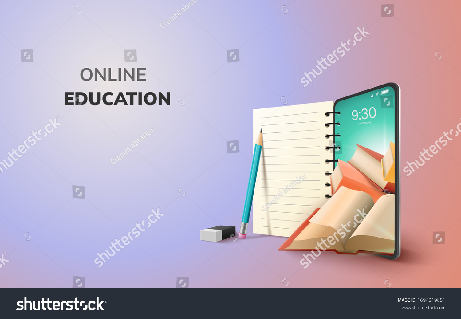 Digital Online Education Application learning world wide on phone  mobile website background. social distance concept. decor by book lecture pencil eraser mobile. 3D vector Illustration - copy space