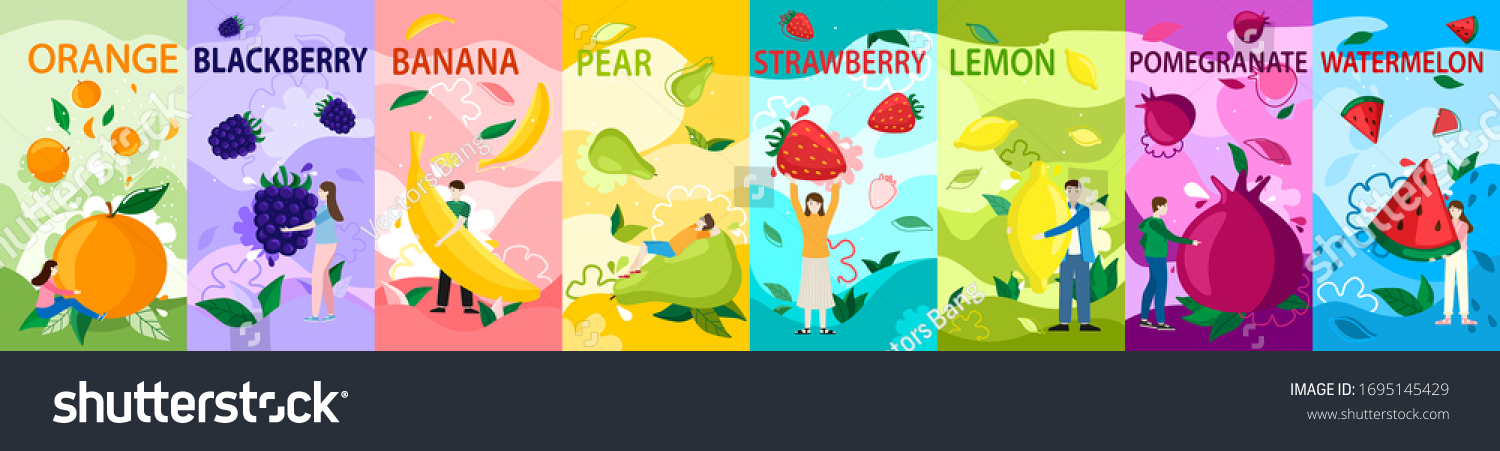 Tiny people with fruits vector illustration. Cartoon girl boy character holding healthy juice food  orange  blackberry  banana. Strawberry  watermelon  fruity summer advertising poster vertical set