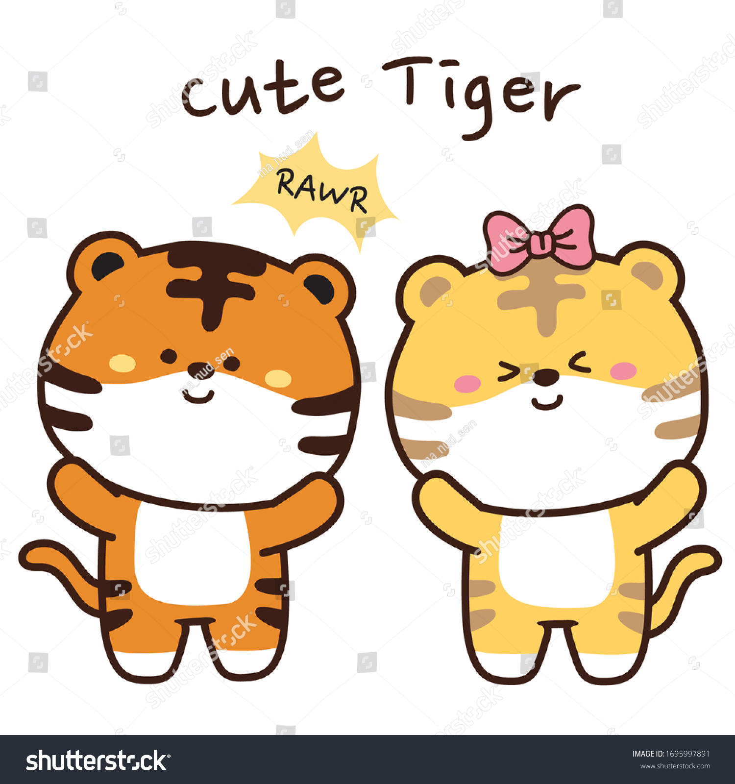 Cute tiger hand drawn on white background. Cartoon animal character doodle design. Can be use for card  T-shirt print  Kids wear. Vector. Illustration.