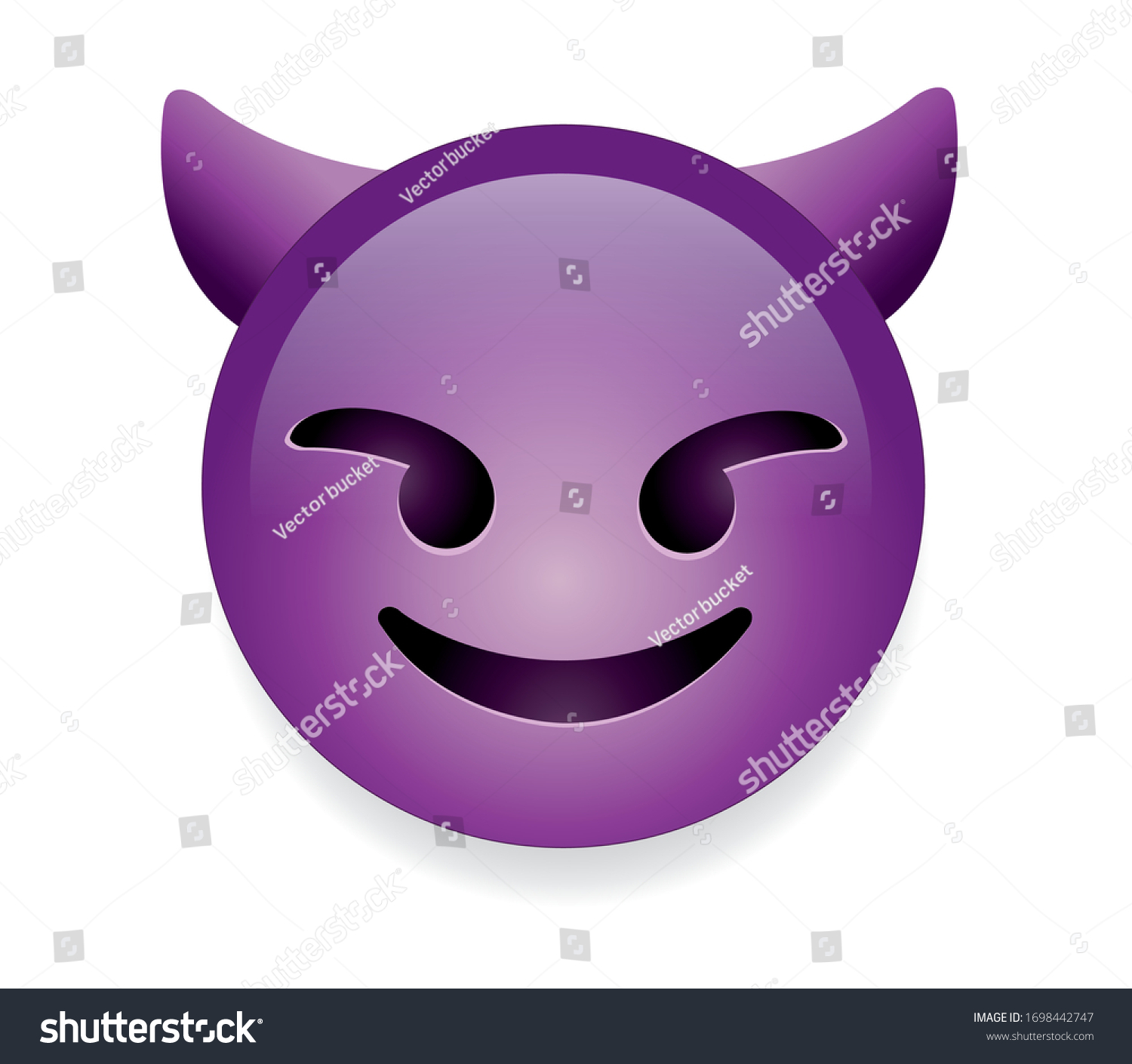 High quality emoticon smiling with horns  devil emoji isolated on white background.
Purple face devil emoji.Popular chat elements. Trending emoticon.