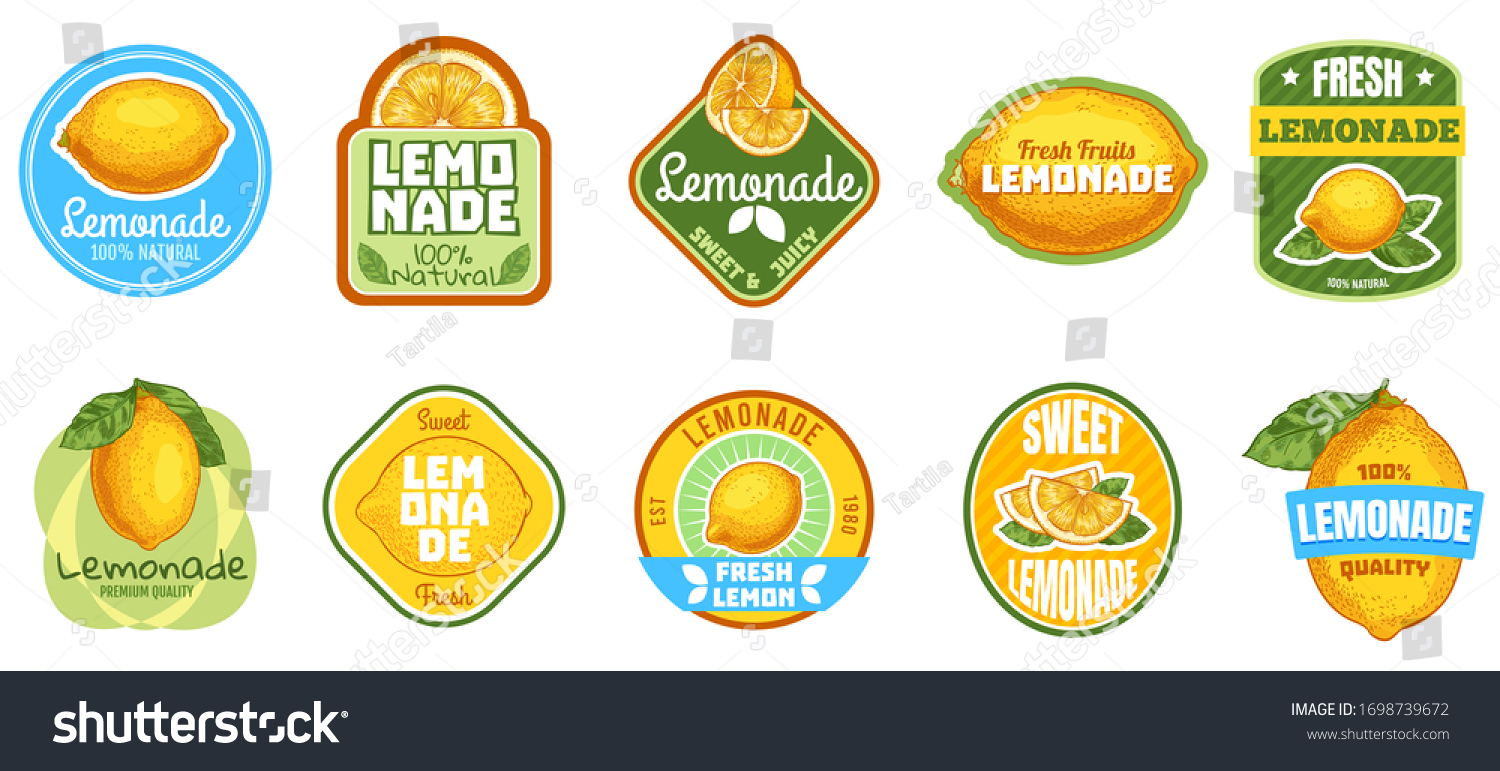 Lemonade label. Natural lemon juice  fresh fruits lemonades drinks badge and summer sweet beverage sticker vector set. Fruit summer beverage juice  citrus badge sticker illustration