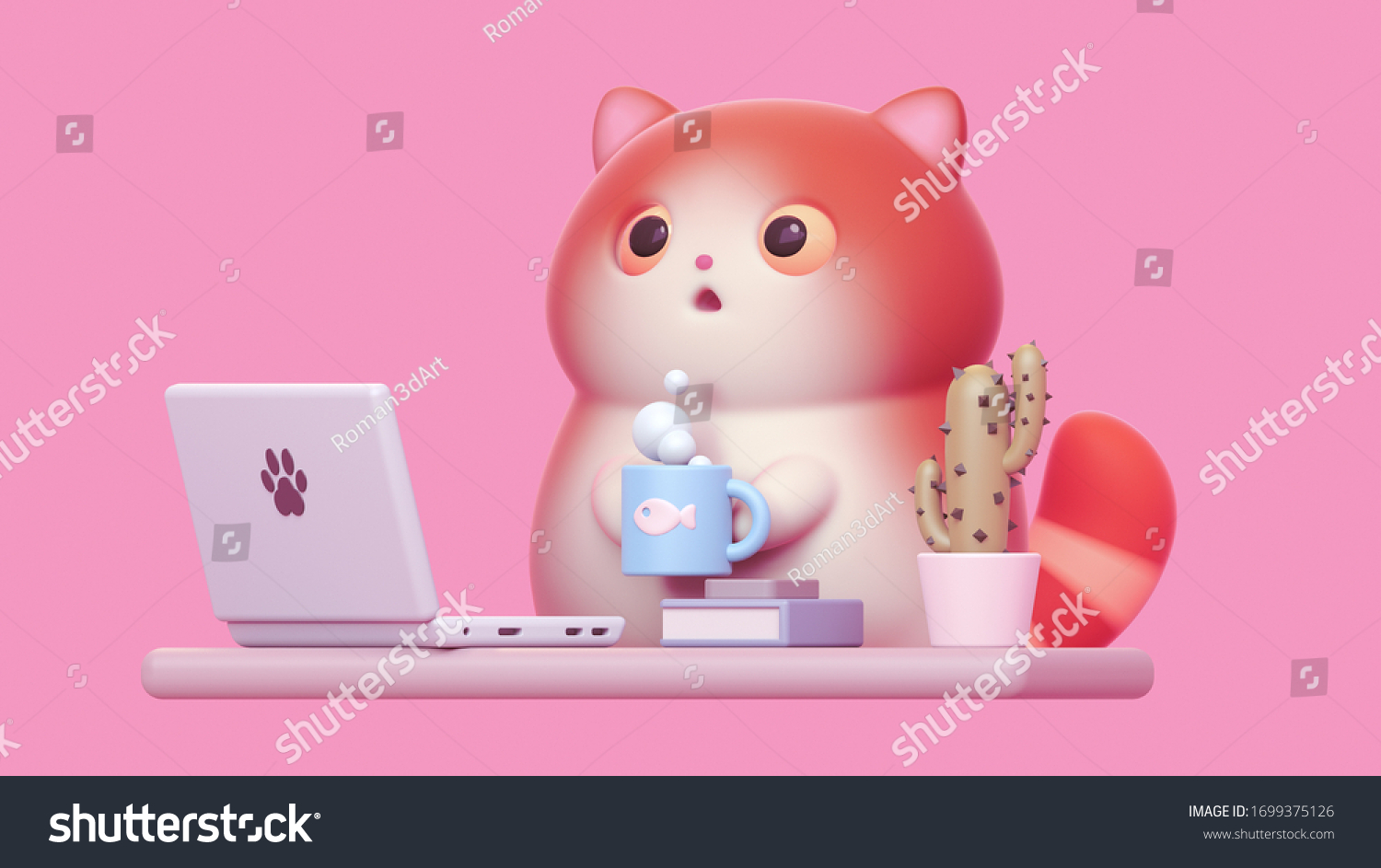 Surprised little kawaii red cat with open mouth  big orange eyes working from home with laptop. Cartoon funny fat cat with white belly  striped tail holding warm cup of tea. 3d render on pink backdrop