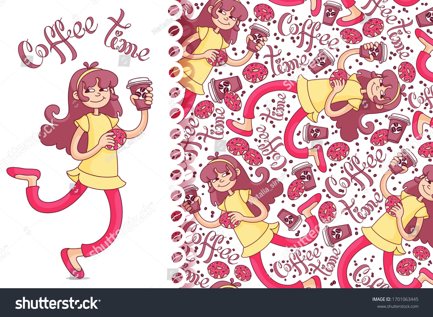 Editable seamless pattern with cute girl in flat style. Postcard on the theme - "Happy coffee break time". 