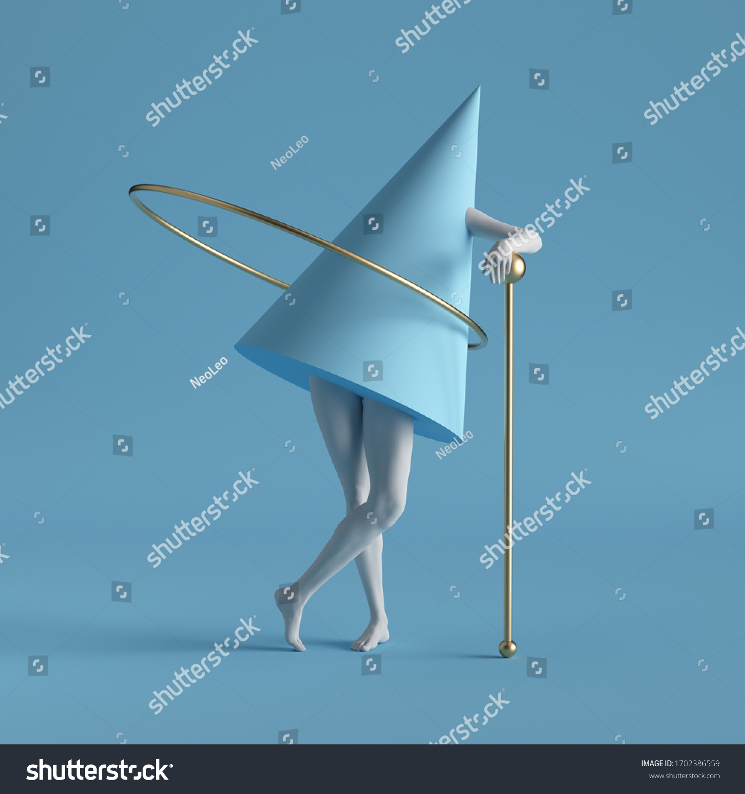 3d render abstract surreal contemporary art. Primitive geometric shapes: golden ring cone white standing legs isolated on blue background. Modern fashion design visual illusion funny freak show