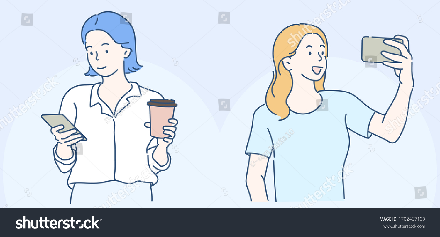 Pretty girl look at their mobile phones. They are chatting through social media and selfie action. Hand drawn in thin line style  vector illustrations.