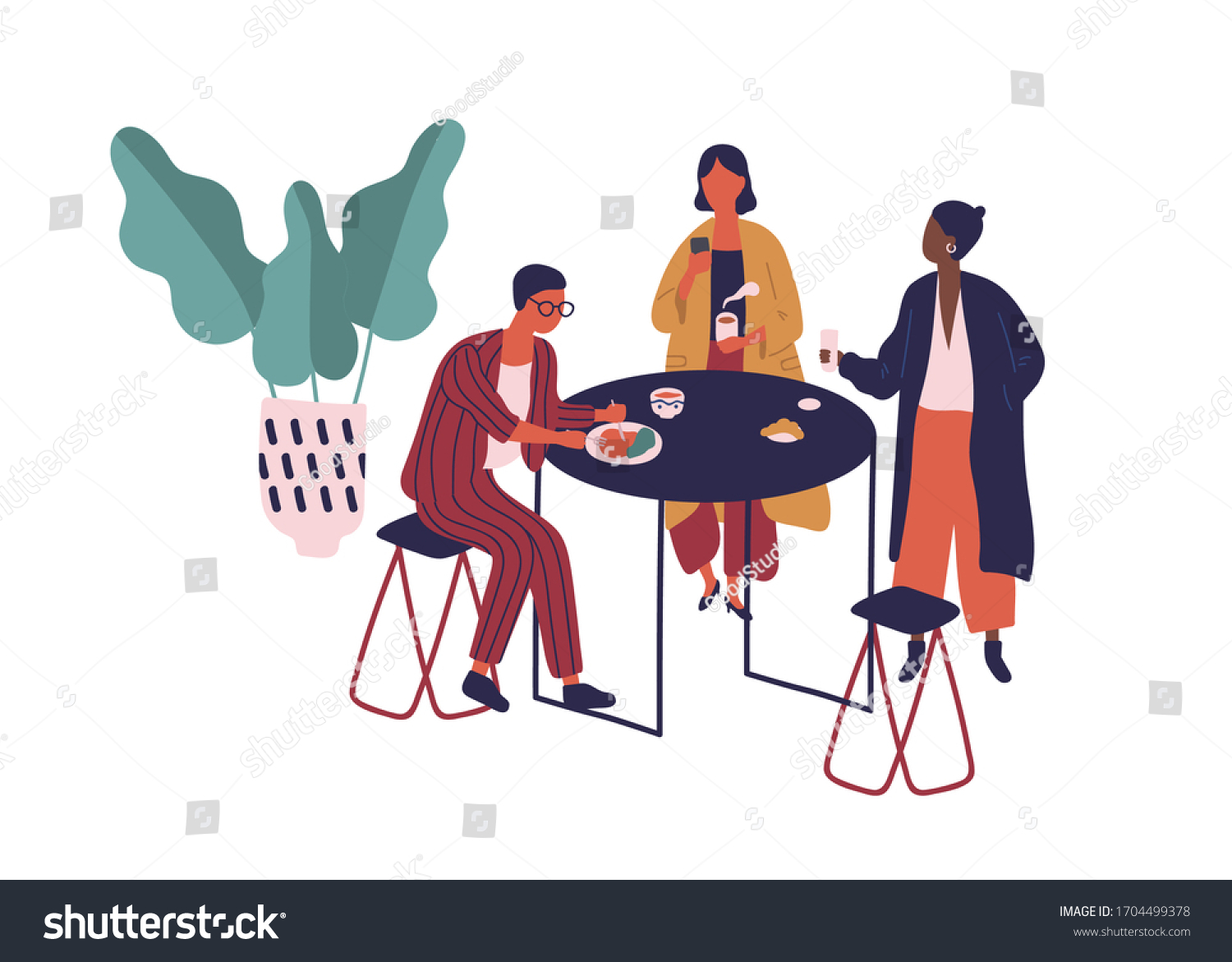 Cartoon friends enjoy lunch together at cafeteria vector flat illustration. Colorful man and woman sit at table eat food and drink beverage at cafe isolated on white. People have break at food court
