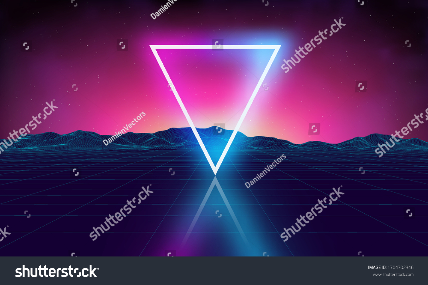 Retro futuristic background for game. Music 3d dance galaxy poster. 80s background disco. Neon triangle synthwave digital wireframe landscape with palms. Space vector.