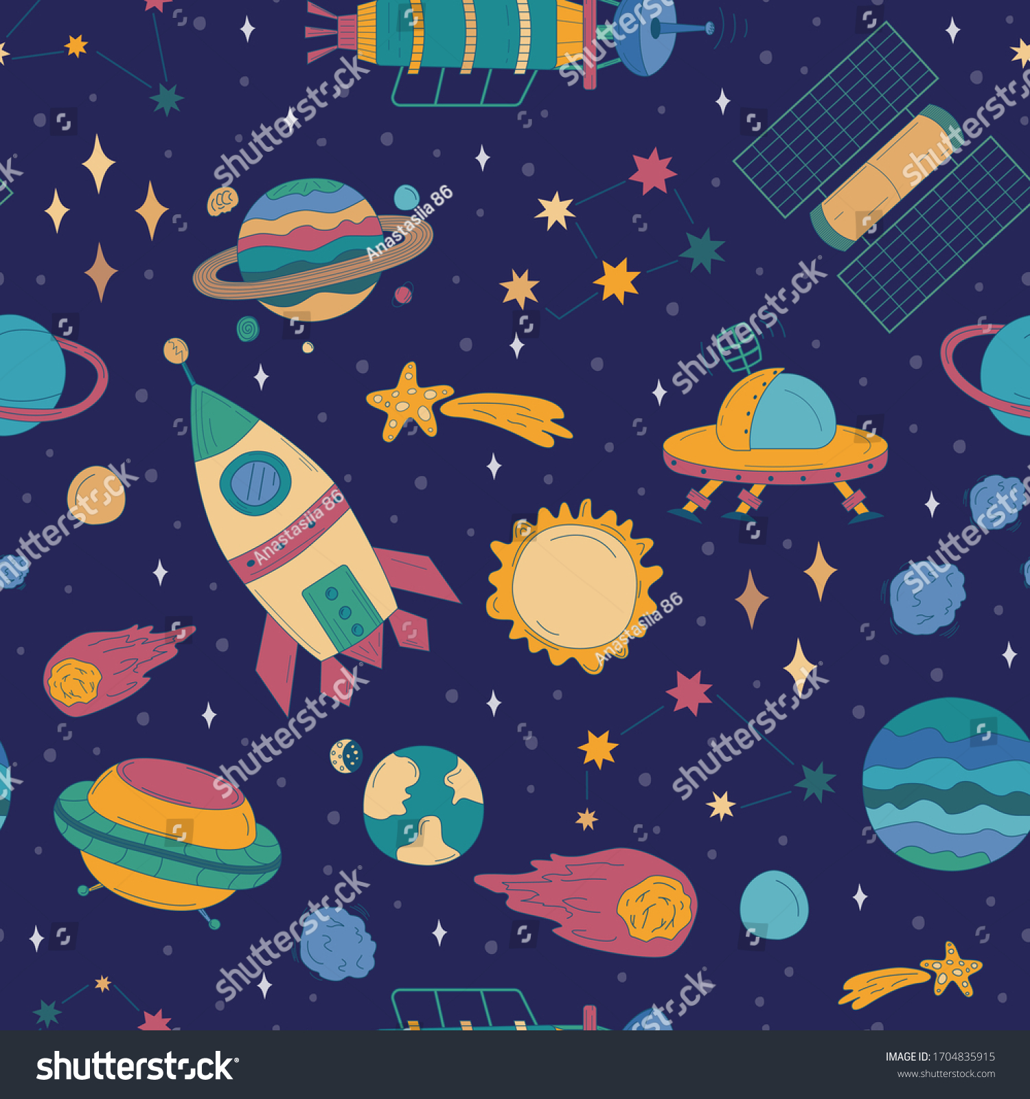 Colorful cartoon space background with rocket  different planets  alien spaceship  ufo  stars and asteroids which fly in outer space through universe. Cosmic seamless vector pattern in sketch style.