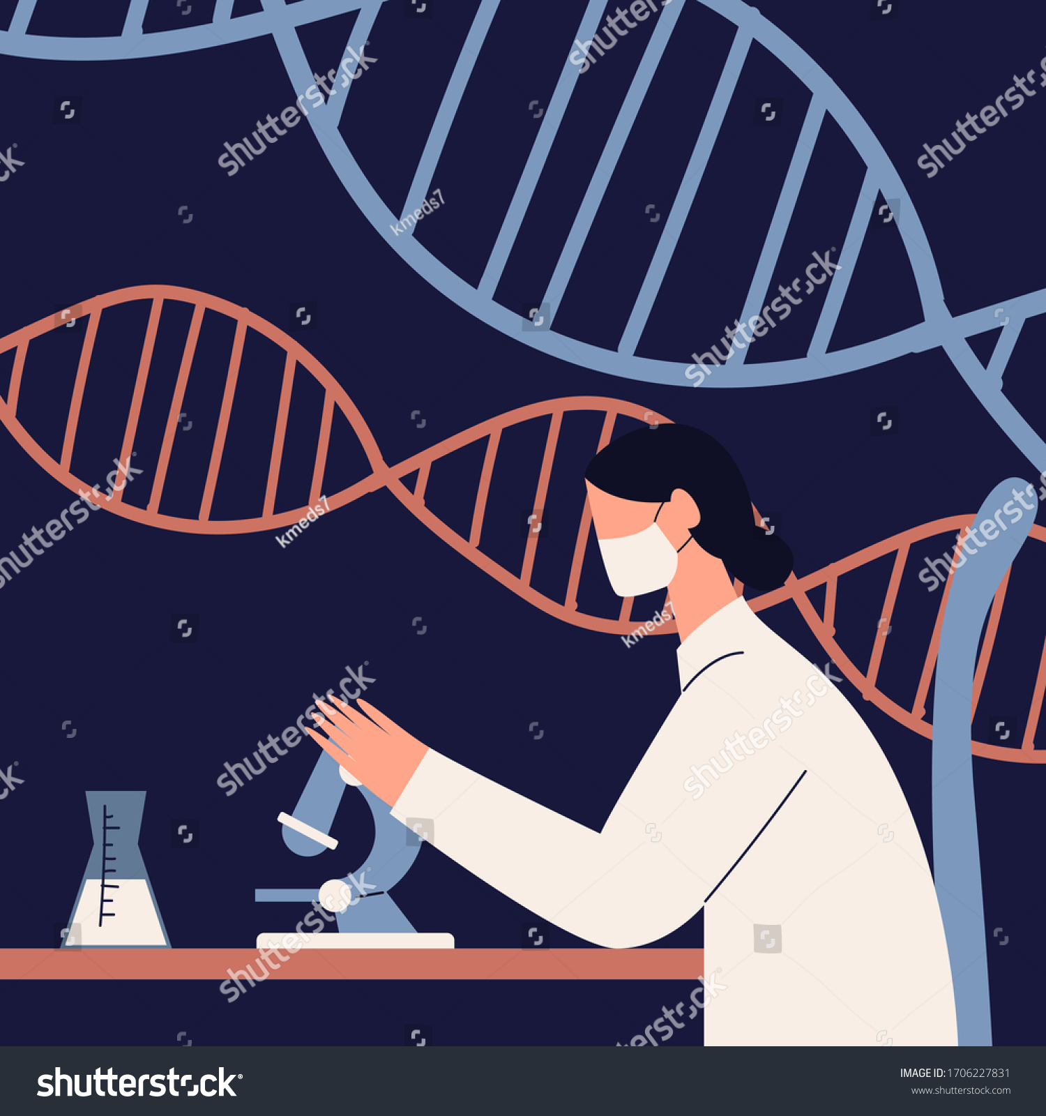 female researcher in chemical lab flat vector illustration