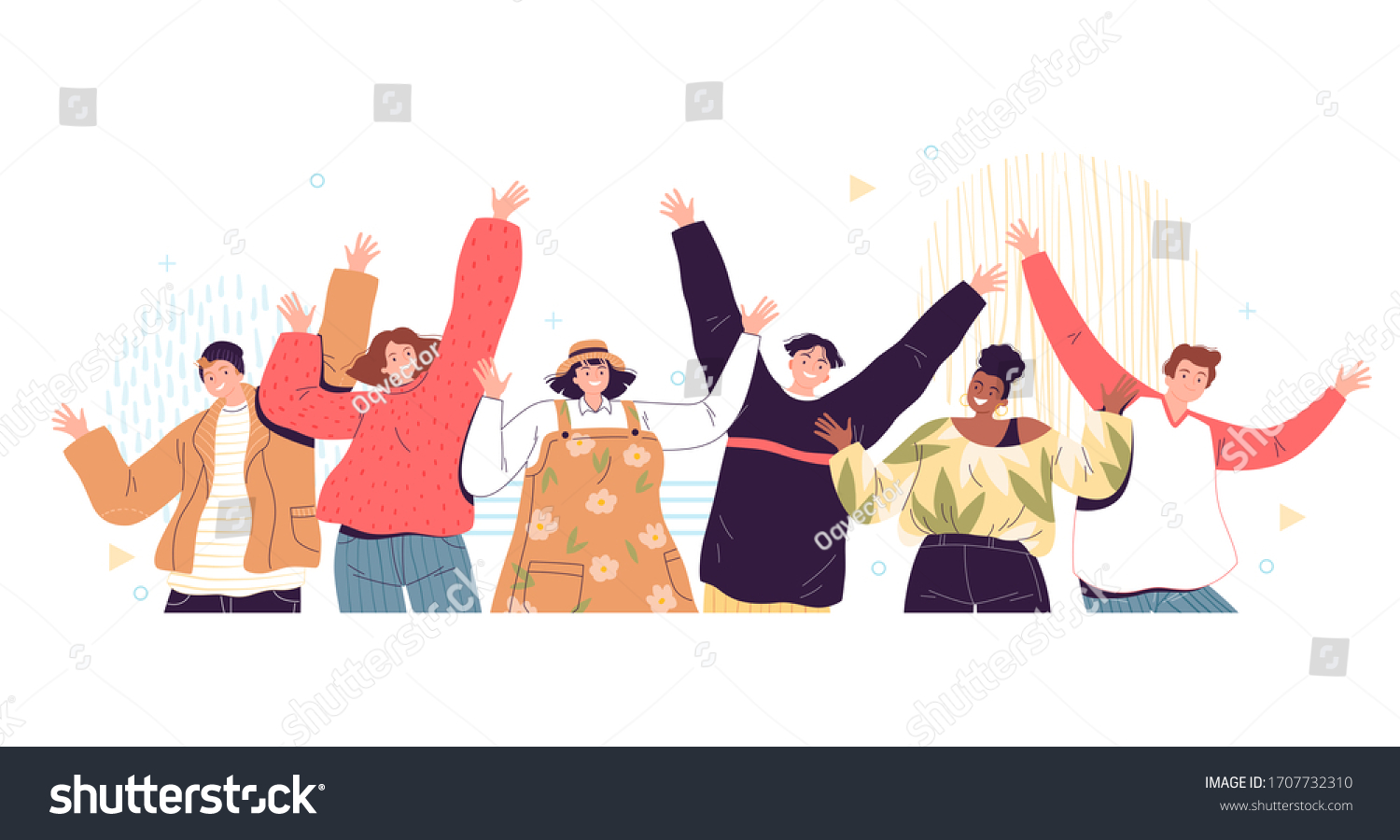 Group portrait of smiling teenage boys and girls or school friends standing together  waving hands. Happy students isolated on white background. Vector illustration.