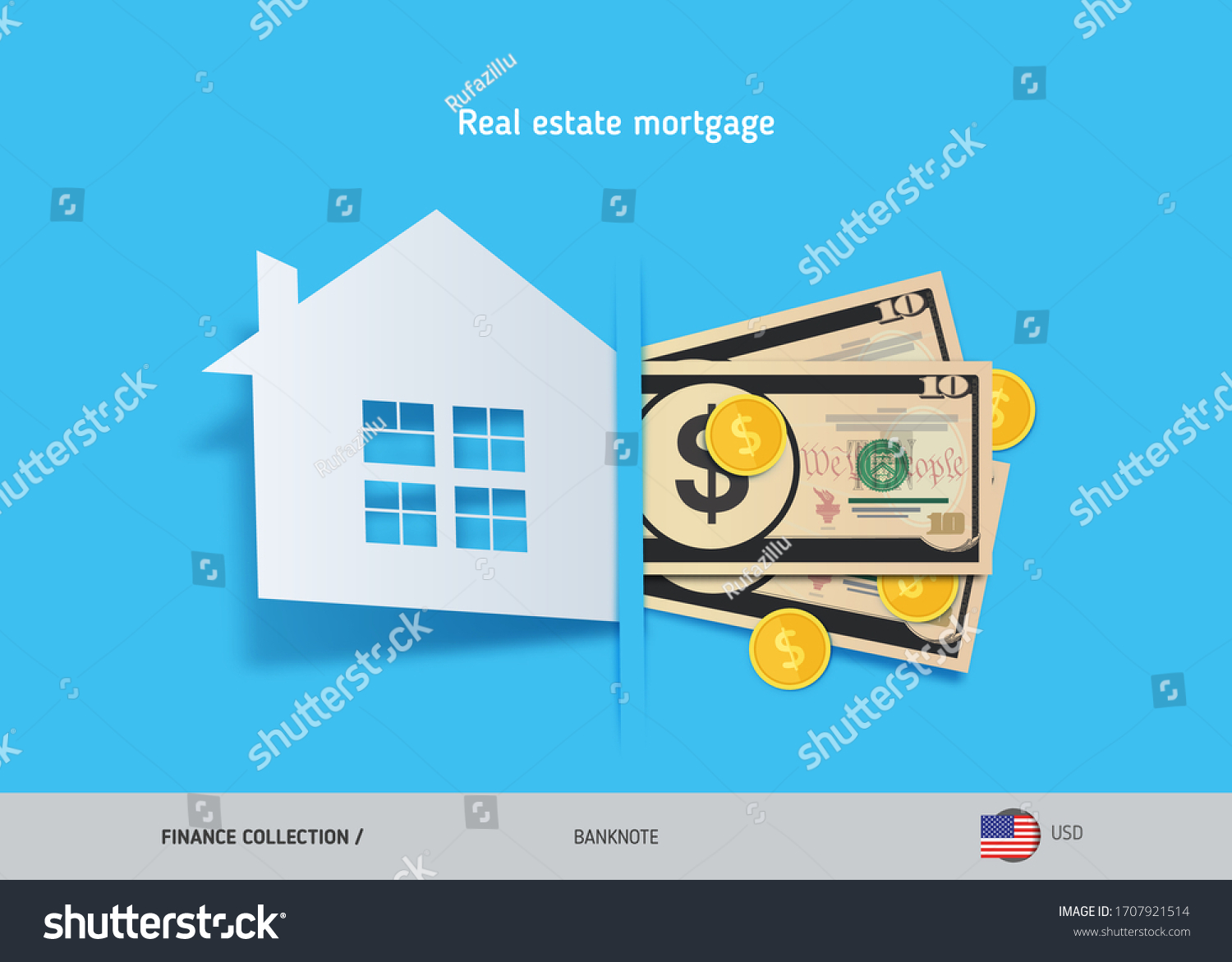 Real estate mortgage concept. 10 US Dollar banknotes and gold coins. Flat style vector illustration.