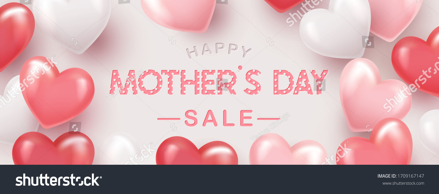 Mothers Day Sale banner or poster design with beautiful 3d hearts. Place for your text. Trendy holiday Sale flyer  social media and fashion ad  promotion flyer background