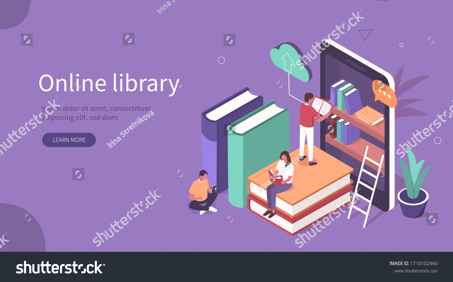 Student Characters Learning Online at Home. Character Reading Book in Online Library and Studying with Smartphone. Mobile Education Concept. Flat Isometric Vector  Illustration.