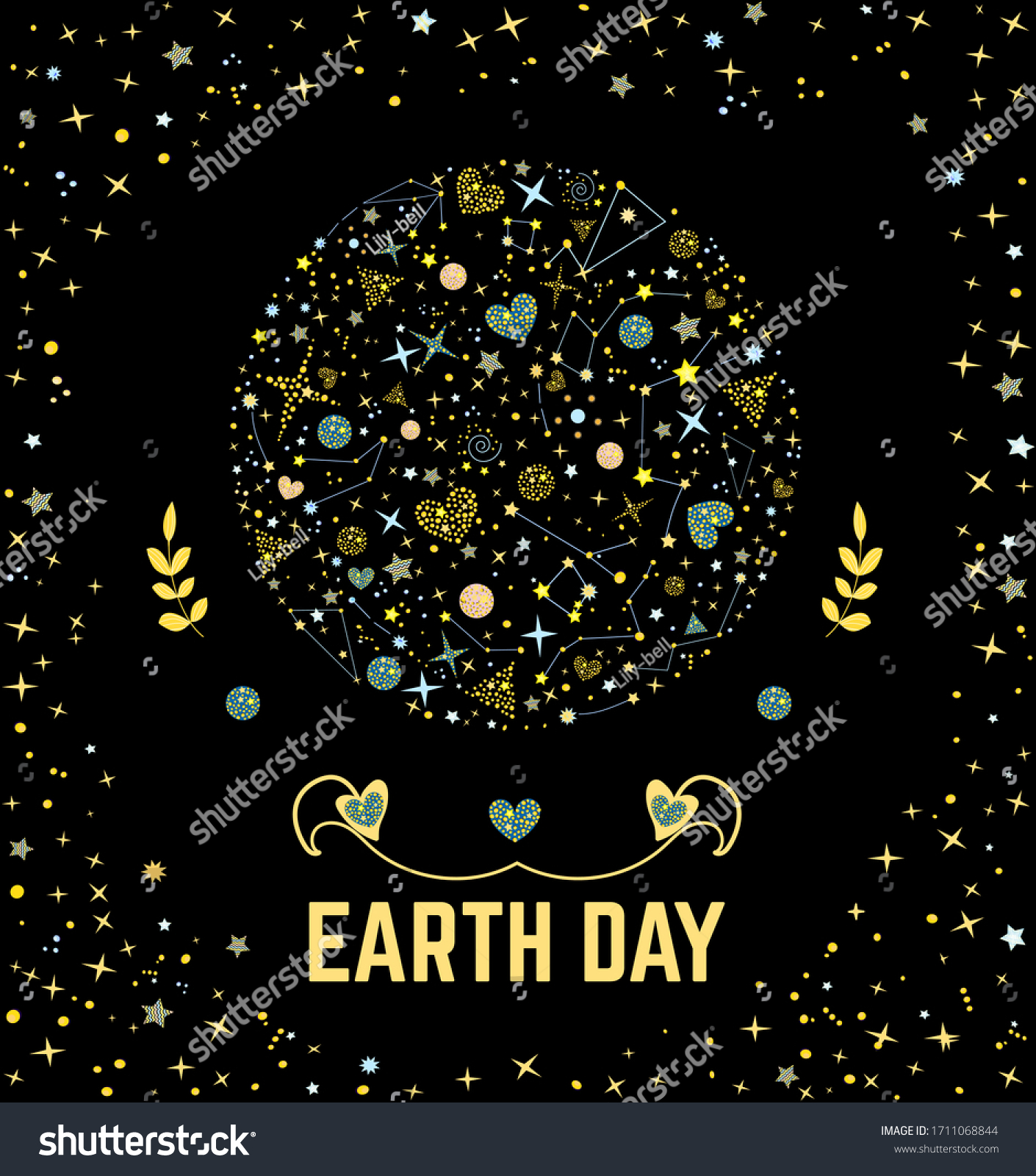Poster Earth Day with earth in cosmos and starry frame and text earth day isolated on the background of night sky. Festive vector illustration with planet and ecology topic