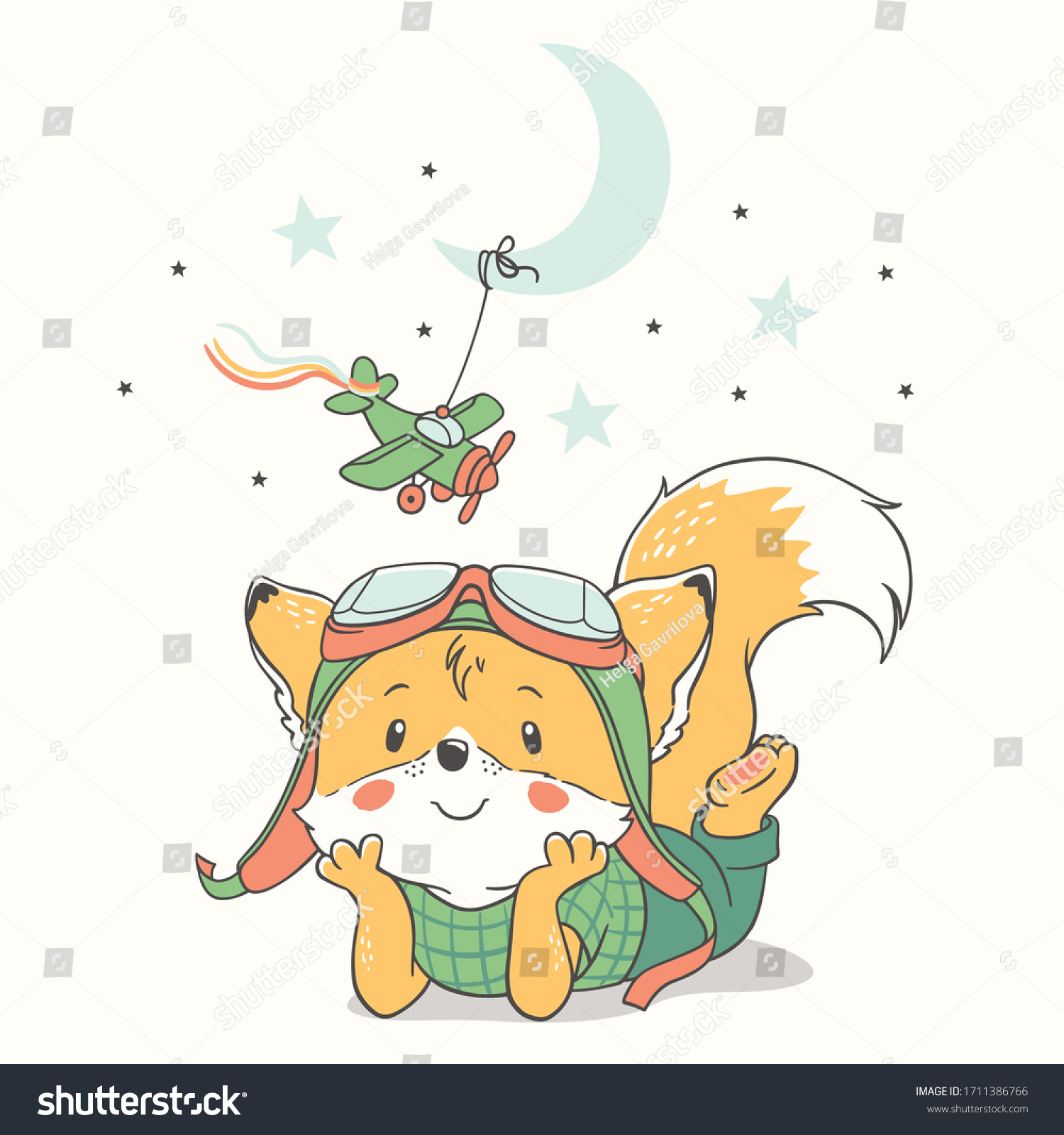 Vector illustration of a cute little red fox wearing flying goggles  dreaming of becoming a pilot.