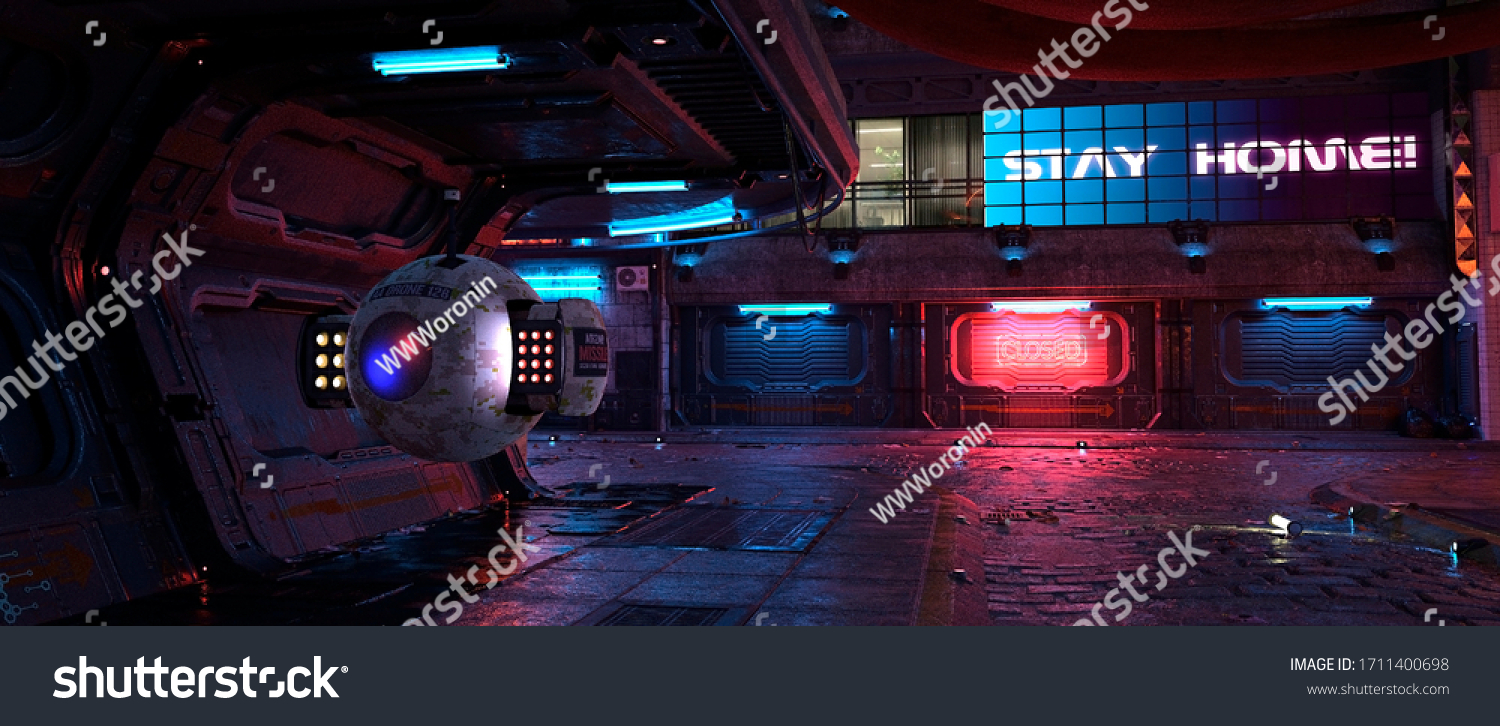 霓虹灯城市未来。赛博朋克城。未来派城市的感性3D插图。巨大的广告牌 文字“待在家里！”。空的街道 带有彩色霓虹灯。
