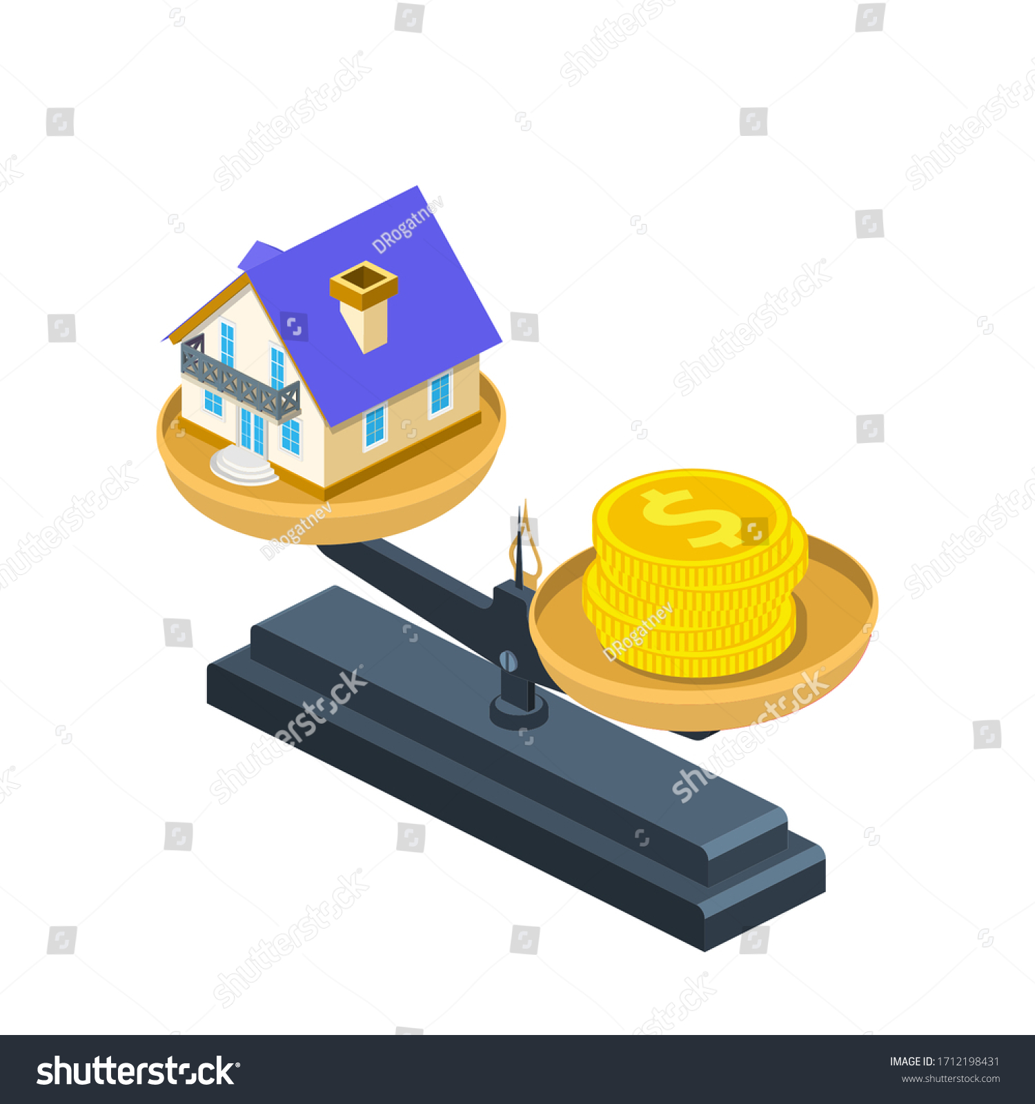 isometric house and gold dollar coins on weight scales. Real estate  price  finance and home concept. Sale purchase rent mortgage house. Vector illustration in flat style.