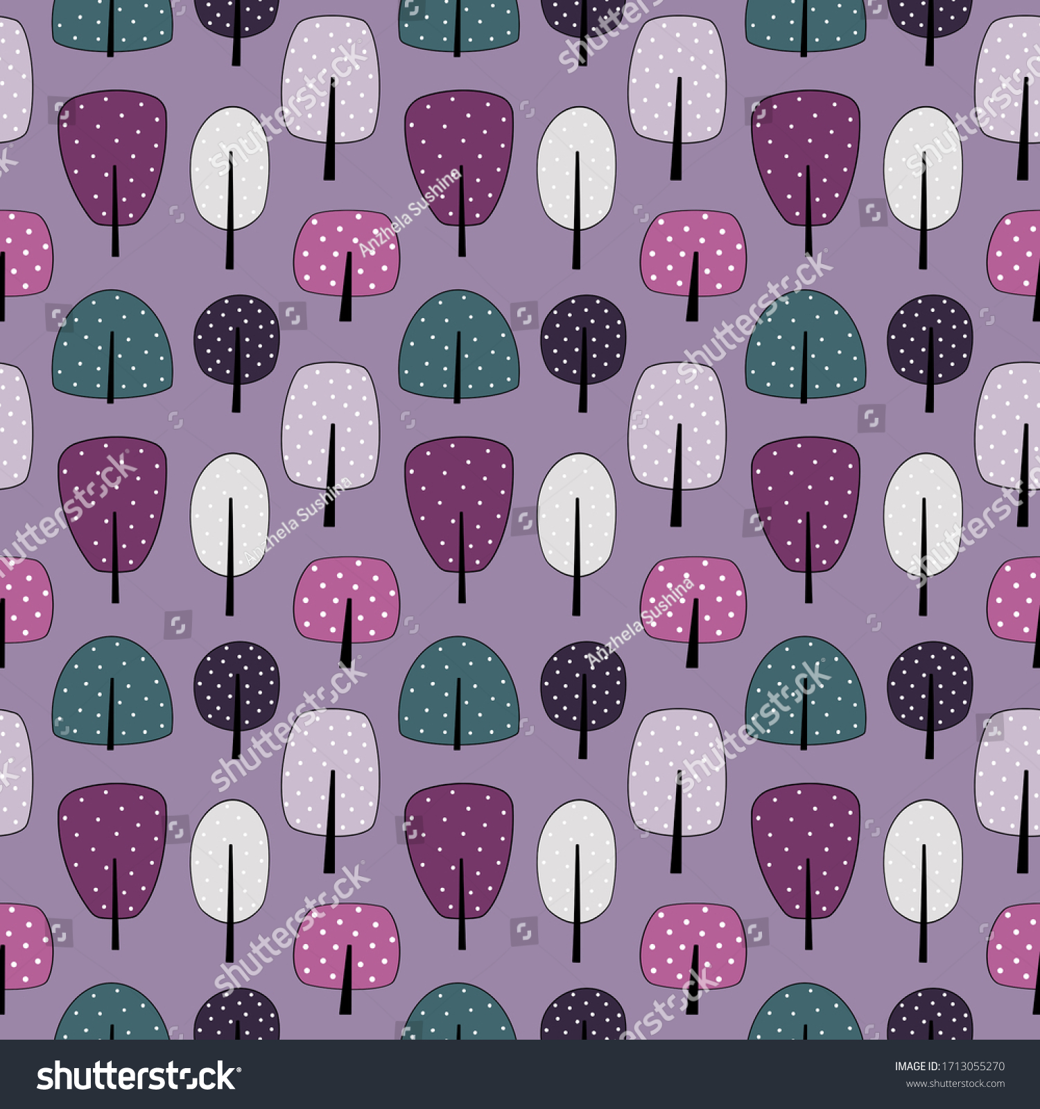 Seamless pattern with stylized trees in various colors on violet purple background. Spring and summer print in a flat style for design wrapping paper textile greeting cards scrapbooking