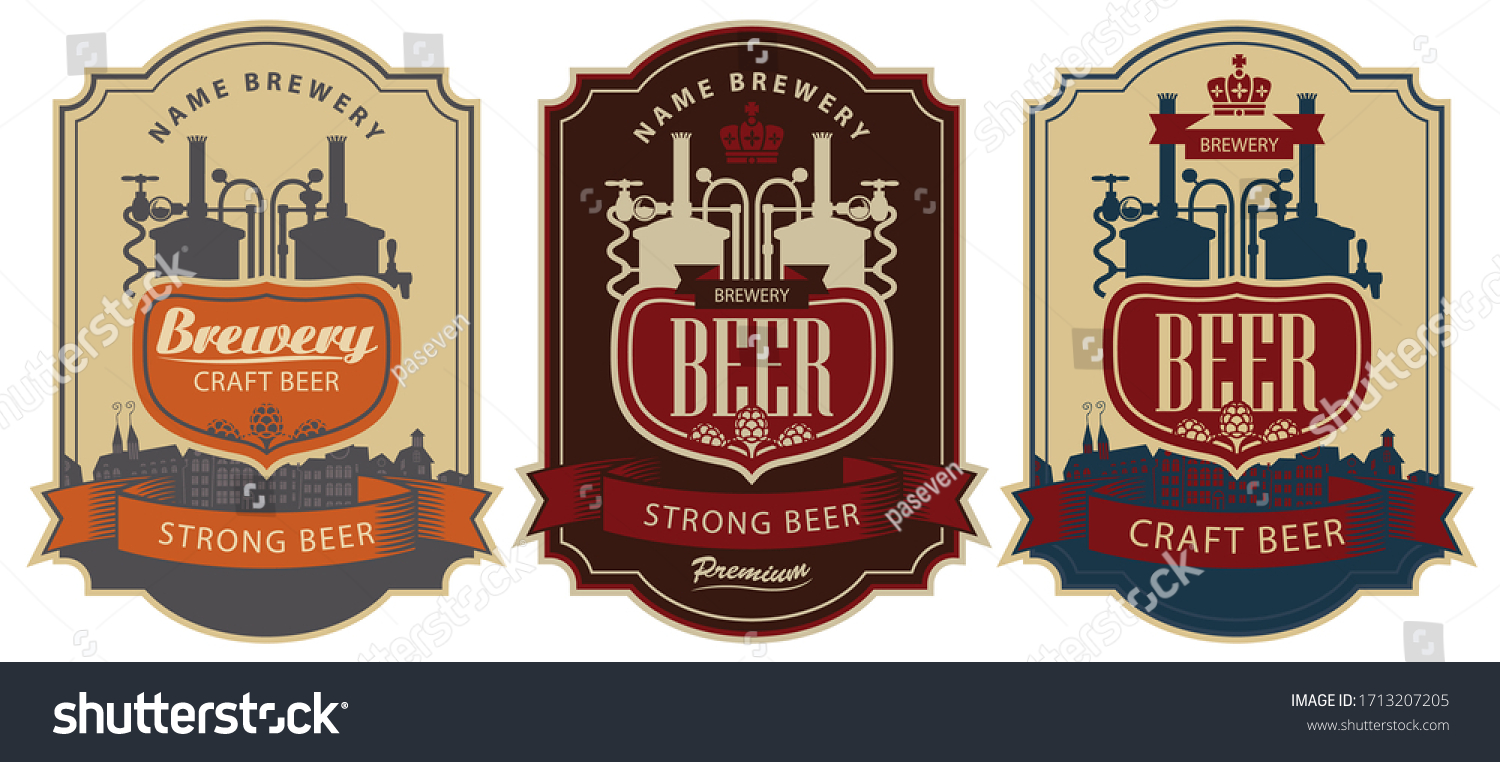 Set of vector labels for beer and Brewery in figured frames. Beer labels in retro style with the production line of the brewery  the inscription and the silhouette of the old town