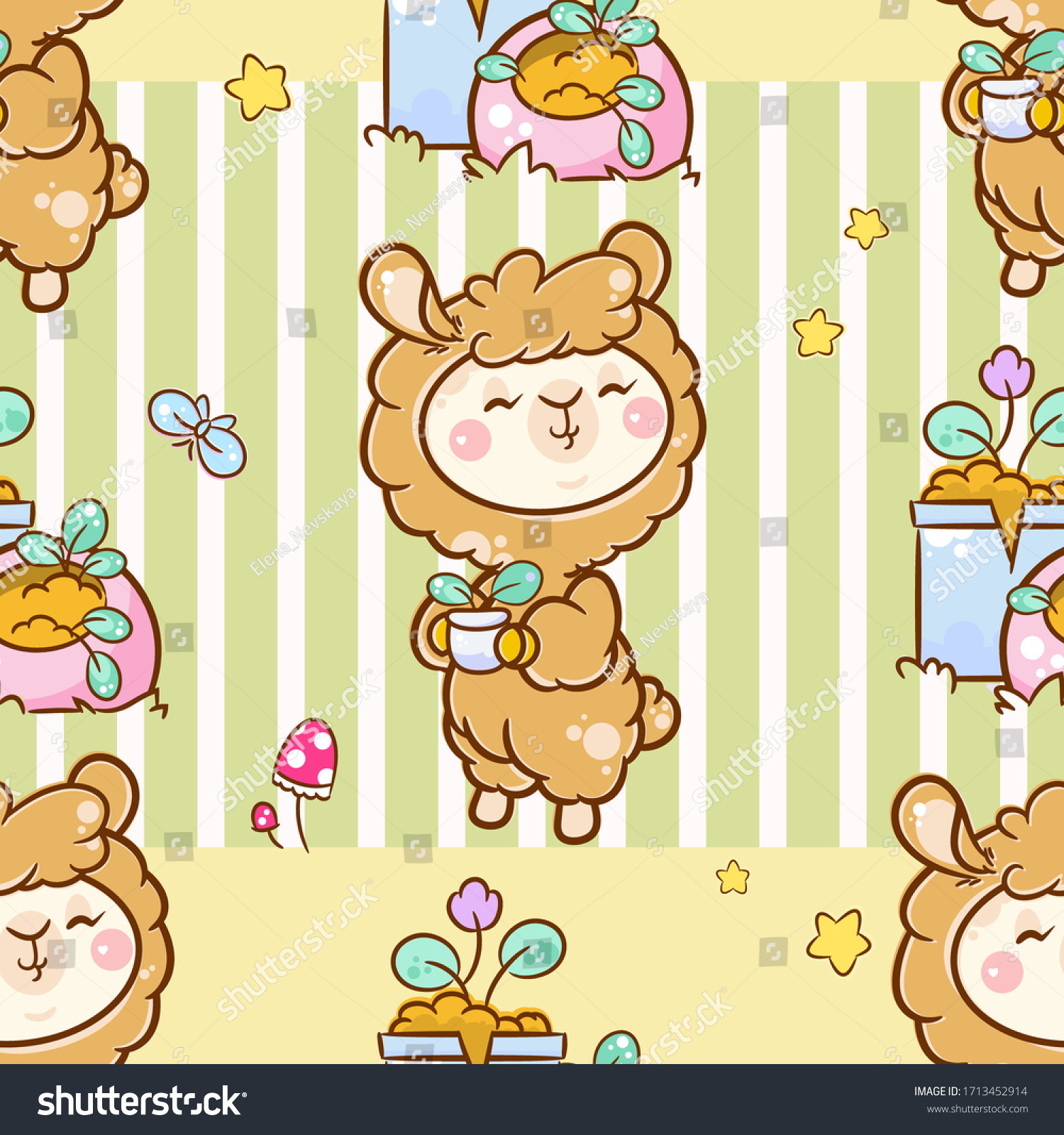 Vector cartoon seamless pattern. Kawaii anime llama with flowers in pots  butterflies and mushroom on green and yellow background. Cute abstract illustration  art for popular kids design