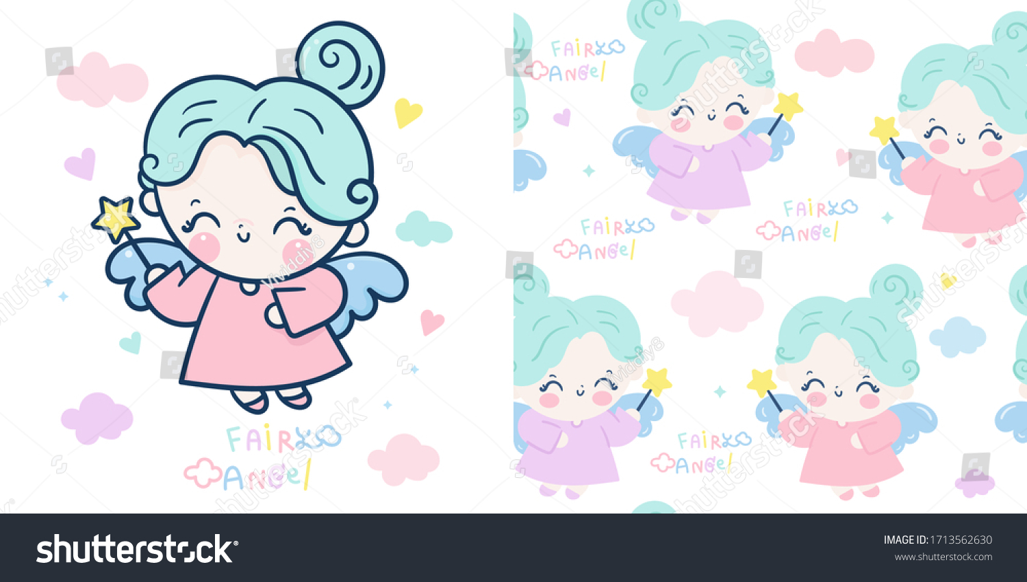 Set Cute angel cartoon and fairy princess seamless vector star magic wand: Series Kawaii girl collection Girly doodles sweet pastel. Perfect for Nursery Wall children isolated on white background.