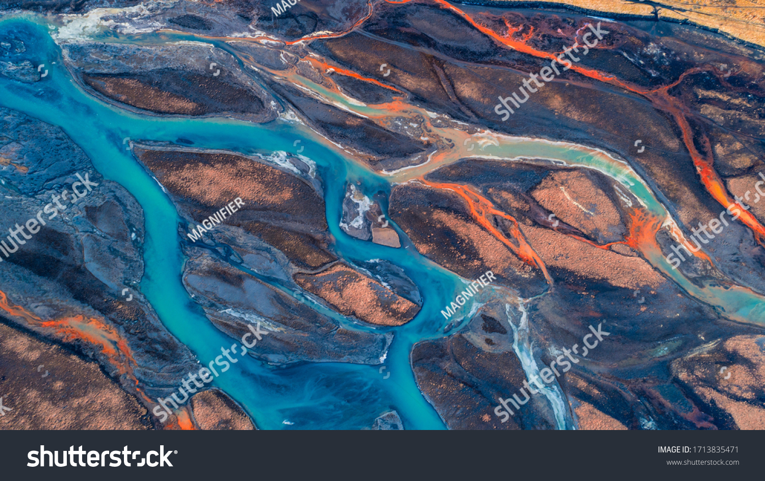 Aerial view and top view river in Iceland. Beautiful natural backdrop.