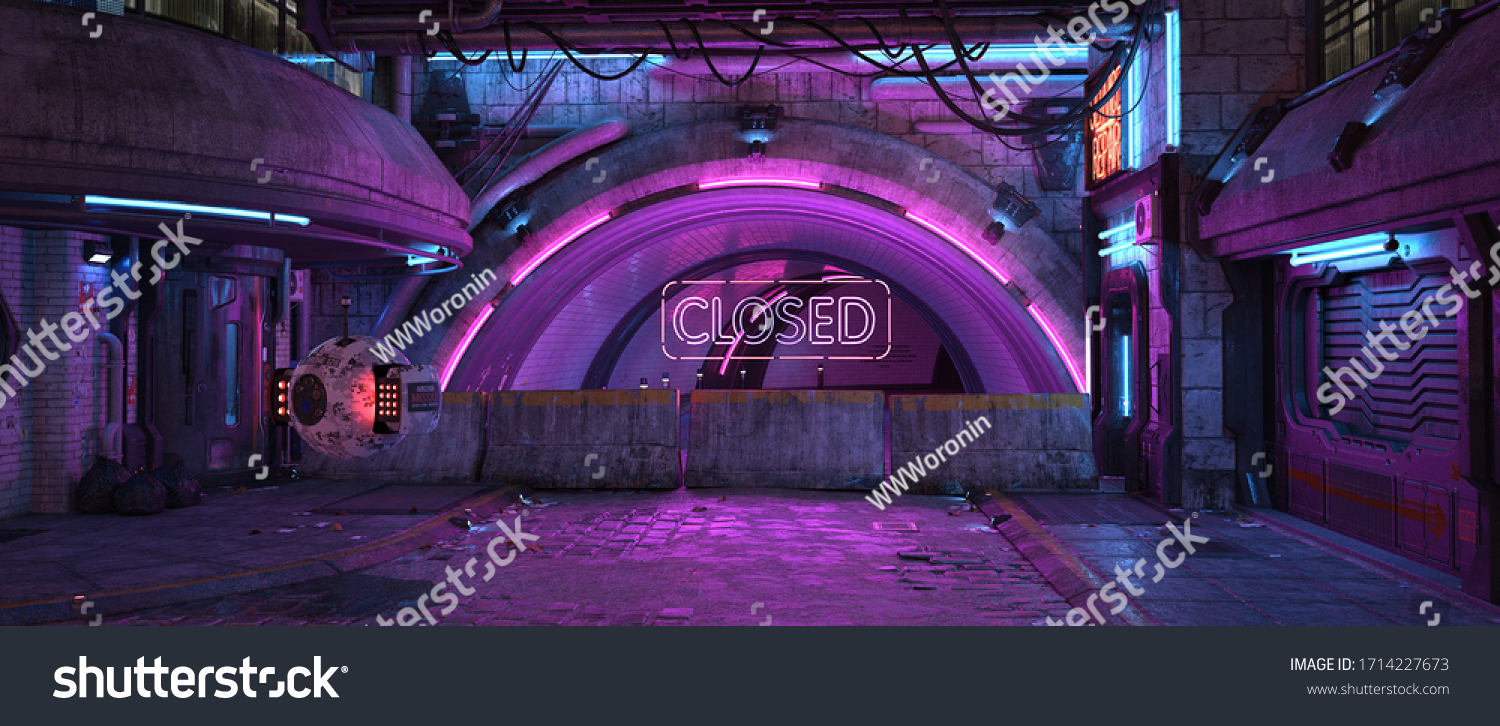 cyberpunk风格的未来派城市的感性3D插图。空的街道带有霓虹灯。美丽的夜城景观。