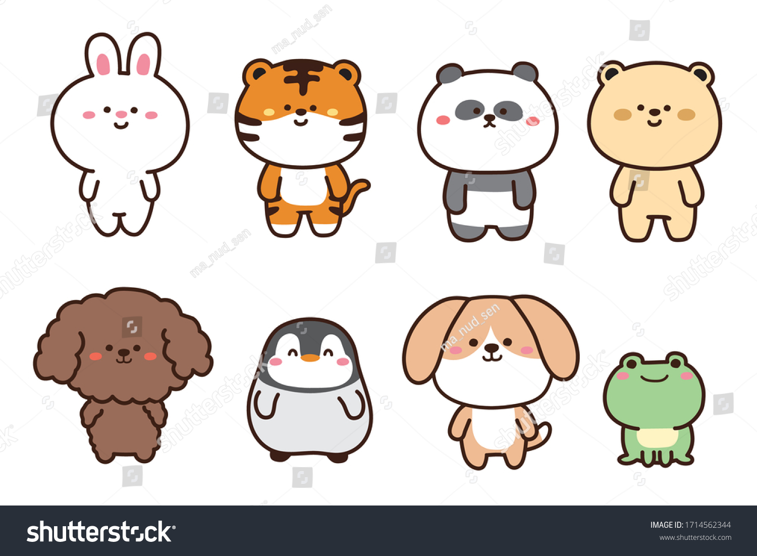 Set of cute animals hand drawn.Cartoon character design collection.Rabbit tiger panda bear dog penguin frog doodle.Kid graphic.Kawaii concept.Vector.Illustration