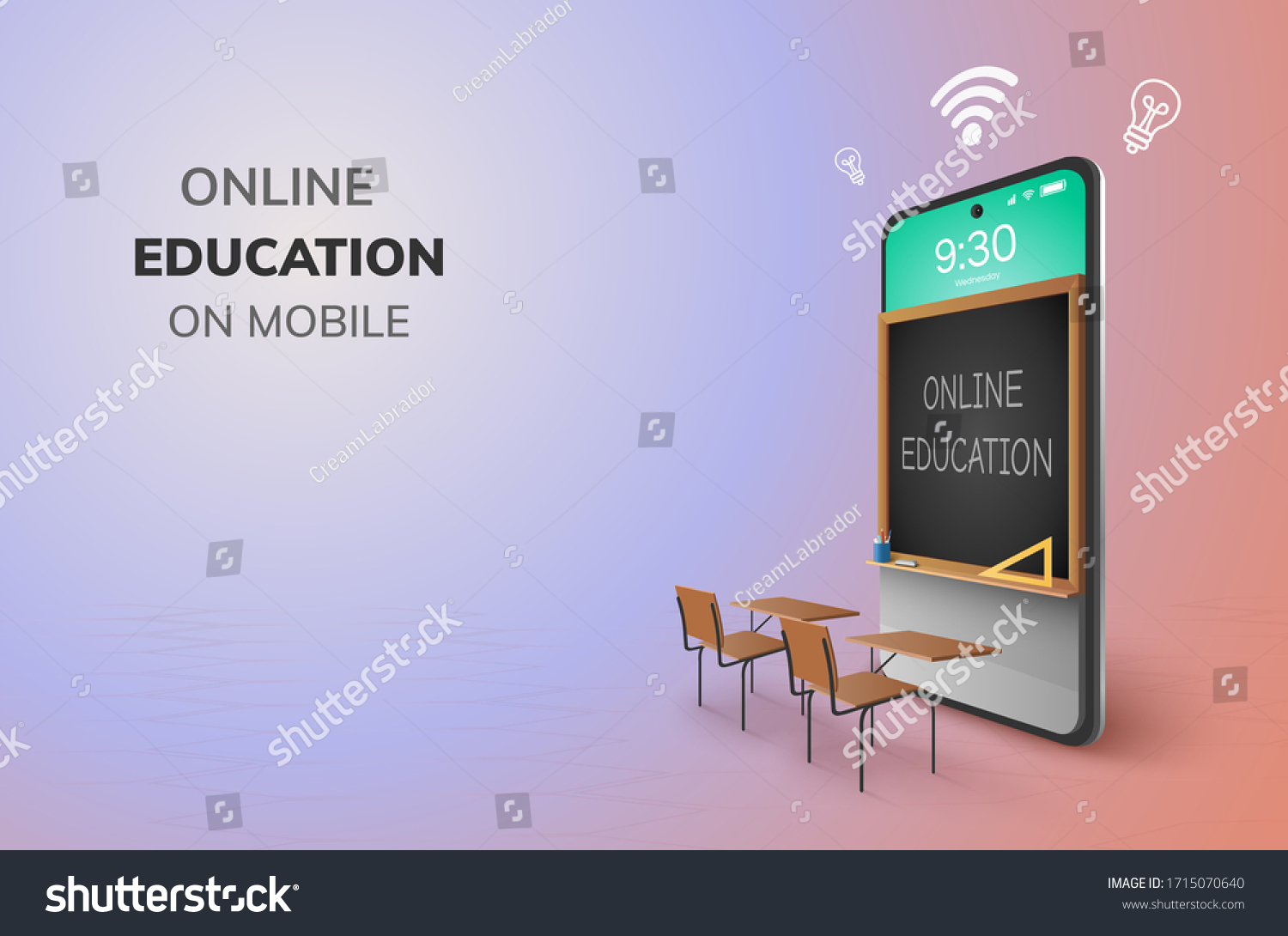 Digital Classroom Online Education kindergarten backto school concept. learning on phone  mobile website background. decor by blackboard kid  children Student desk table chair. 3D vector Illustration.